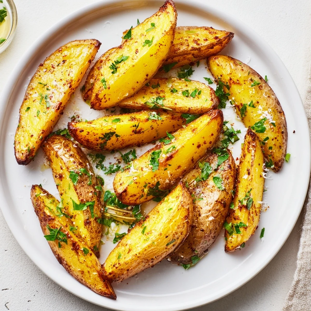 Homemade Crispy Oven Baked Potato Wedges arranged on a baking sheet with dipping sauces like ketchup and aioli.