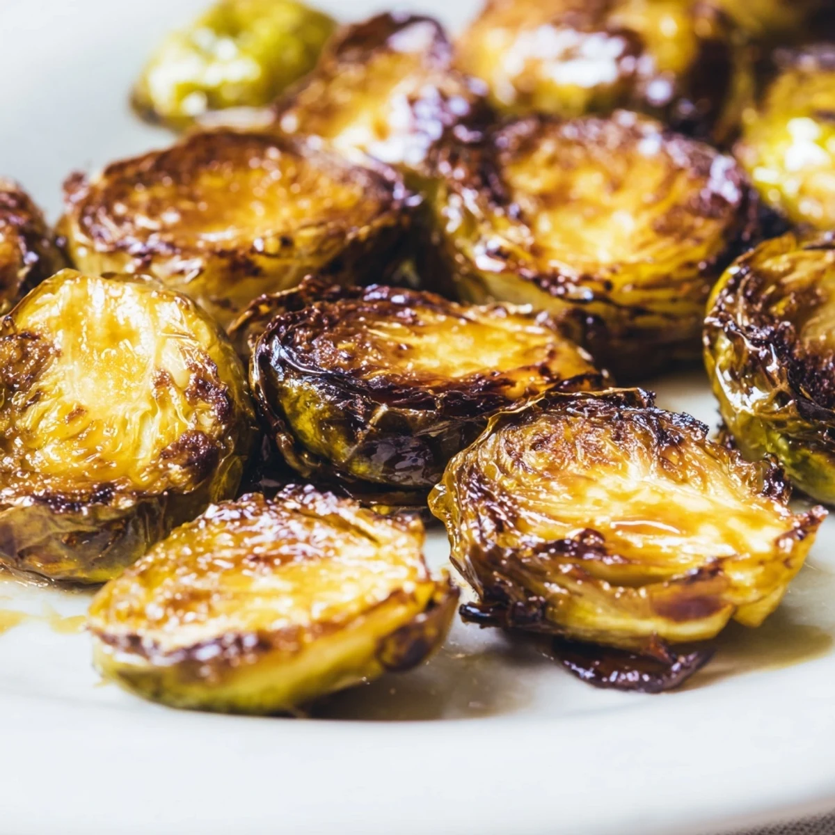 Crispy roasted Brussels sprouts glistening with honey, served as a golden side dish.  