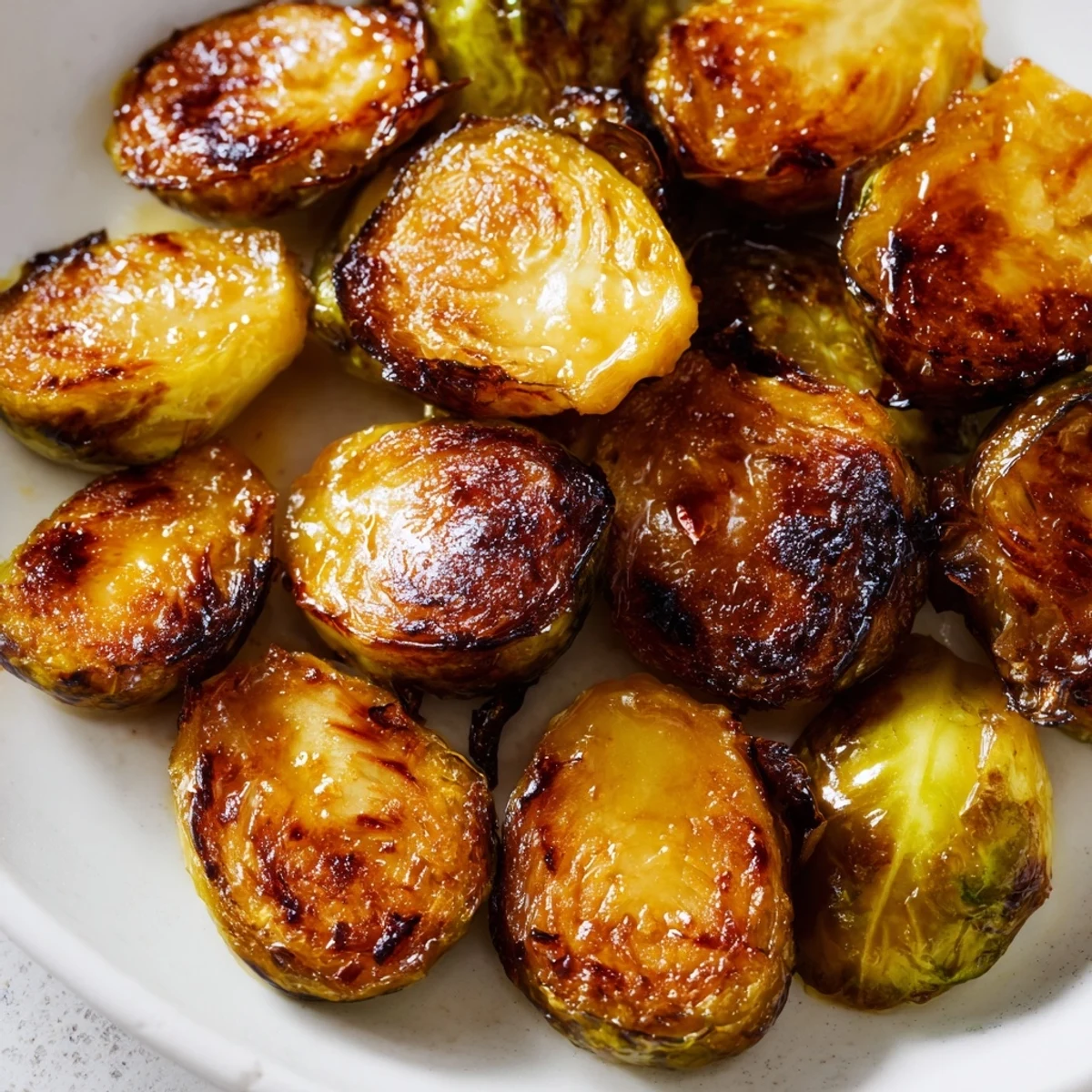 Golden brown Brussels sprouts drizzled with honey, fresh from the 425°F oven.  