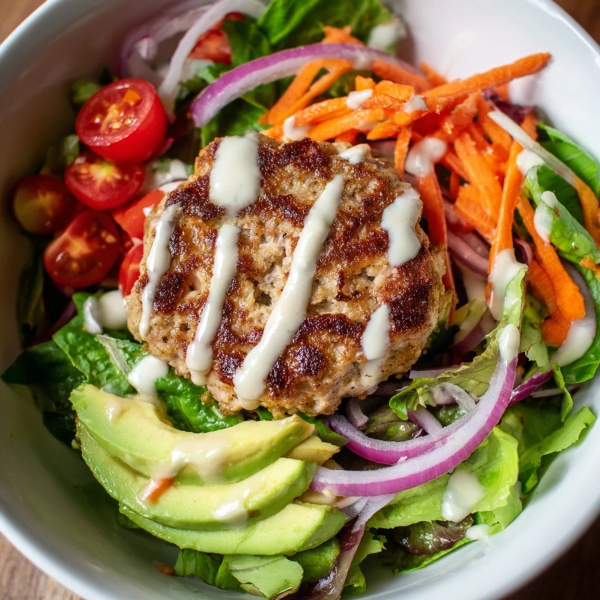 A close-up view of a gluten-free Turkey Burger Salad Bowl showcasing golden-brown patty slices, colorful julienned carrots, and fresh dill garnish.  