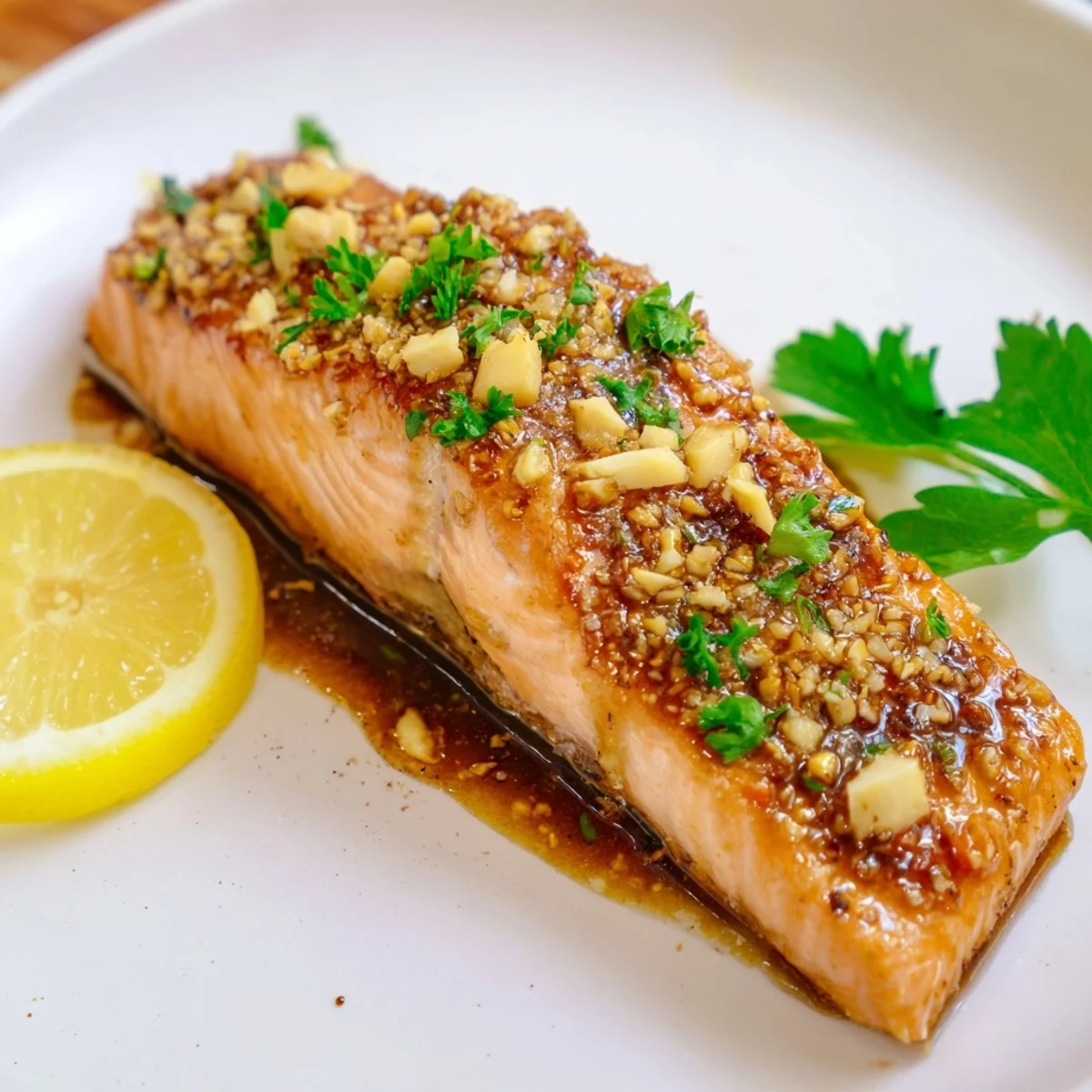 Golden-brown Baked Salmon with Maple Glaze glistens on a white plate, garnished with fresh parsley and lemon wedges.