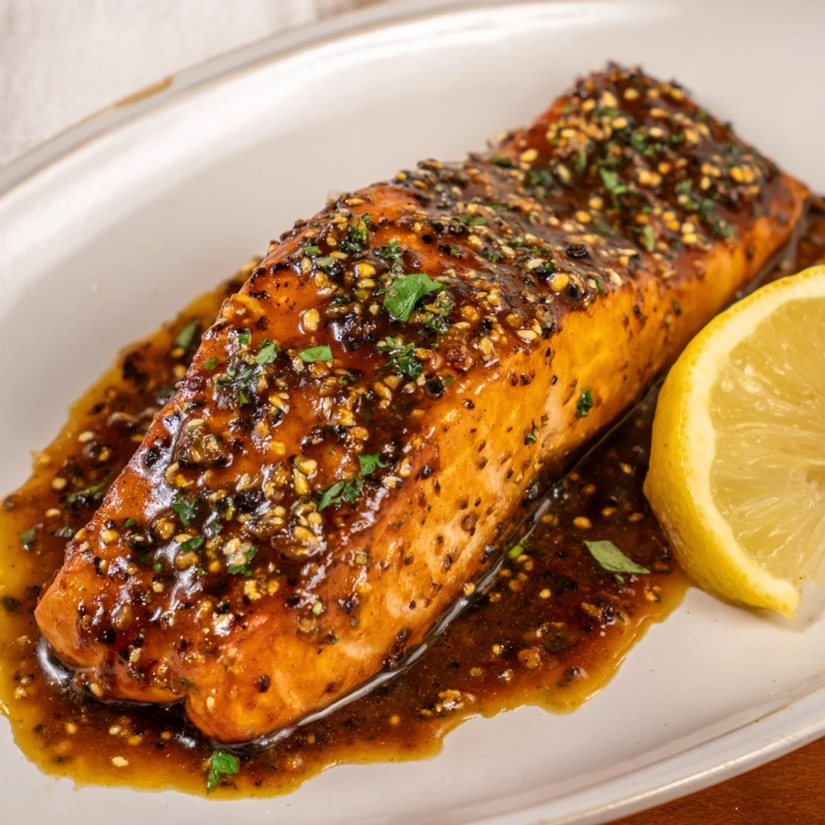 Tender Baked Salmon with Maple Glaze flaking under a fork, served alongside roasted asparagus for a healthy dinner.