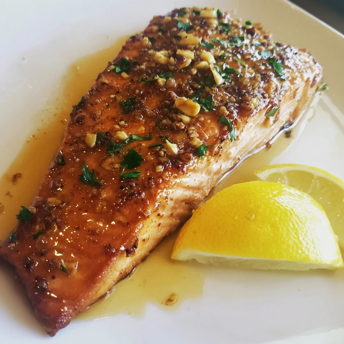Close-up of Baked Salmon with Maple Glaze showcasing a caramelized, sweet and savory crust over the pink fish.