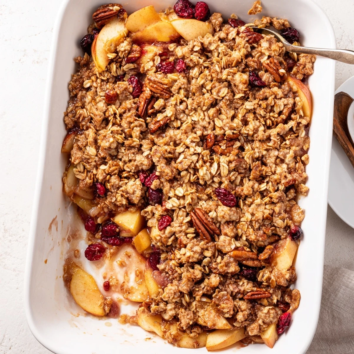 A warm bowl of Winter Fruit Crisp with Topping, bubbling with apples, pears, and cranberries under a golden oat crust.