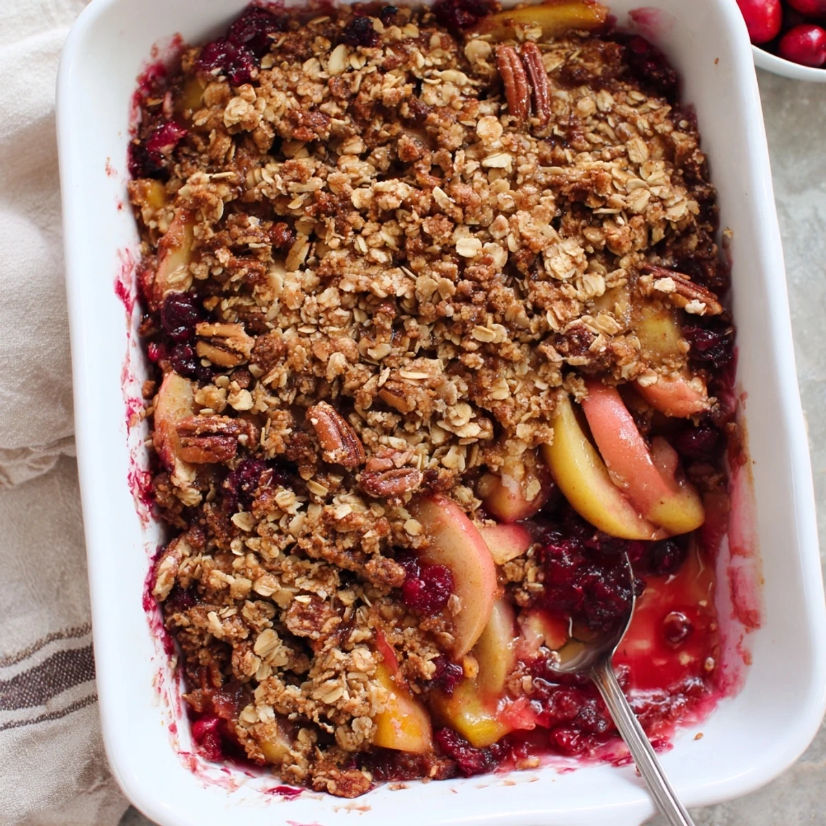 A scoop of vanilla ice cream melting over a serving of homemade Winter Fruit Crisp, highlighting the buttery oat topping.
