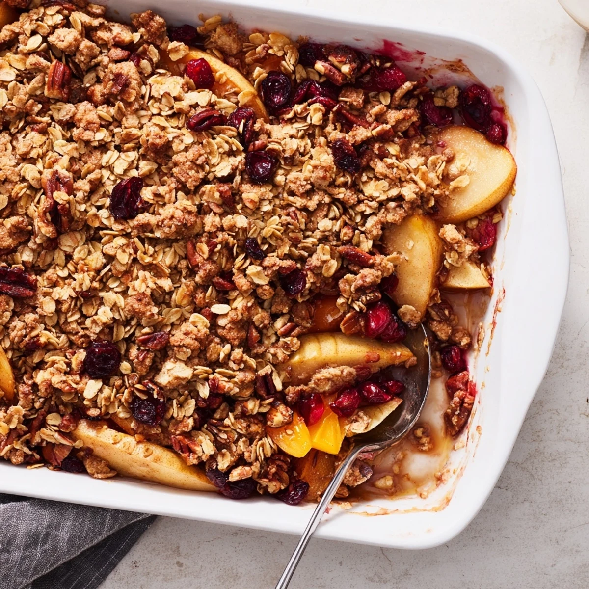 Freshly baked Winter Fruit Crisp with Topping coming out of the oven, featuring a crunchy brown sugar and oat topping.
