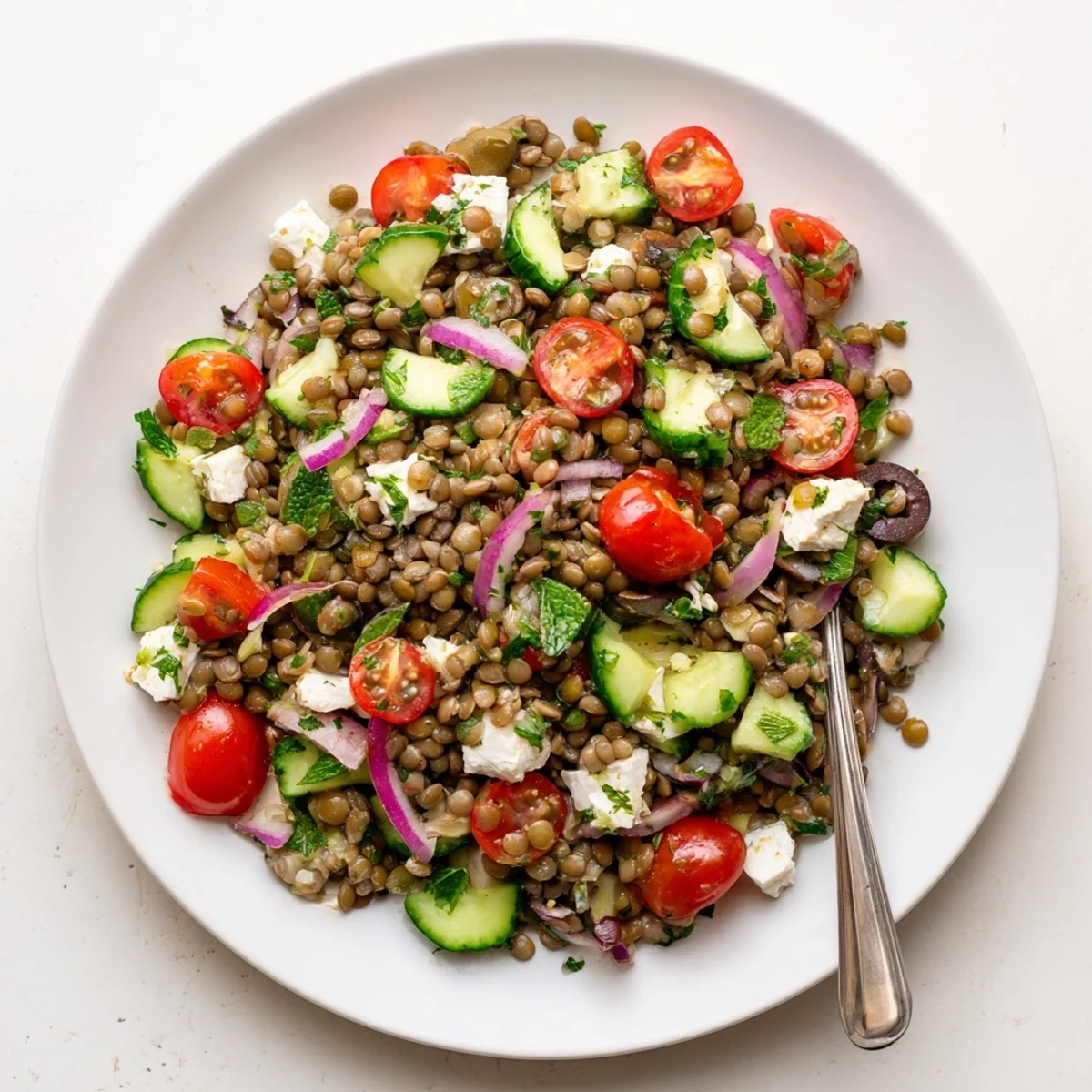 A hearty Mediterranean lentil salad with feta, served in a white bowl as a light lunch or side, garnished with fresh parsley and mint.