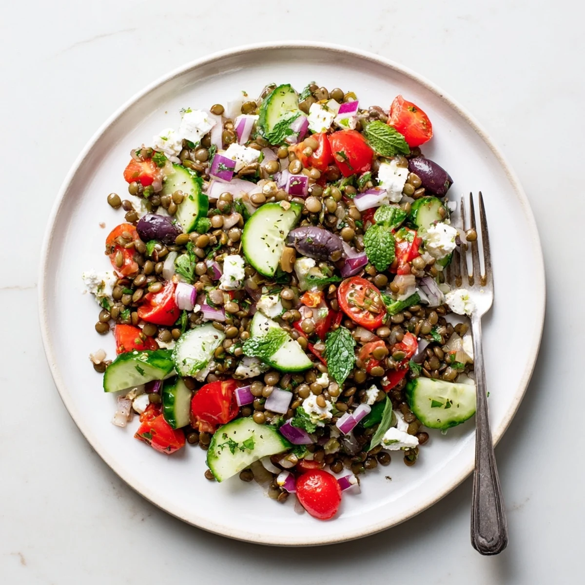 Close-up of a vibrant Mediterranean lentil salad with feta, featuring cherry tomatoes, cucumbers, and Kalamata olives tossed in a zesty lemon-herb dressing.
