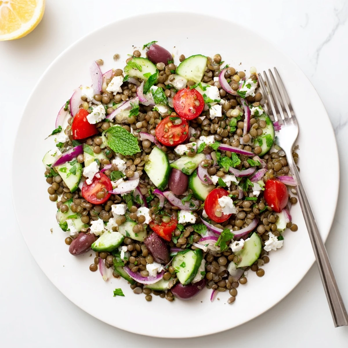 Tangy feta and tender lentils in a colorful Mediterranean salad, with crisp vegetables and a zesty lemon dressing, perfect for a healthy meal.