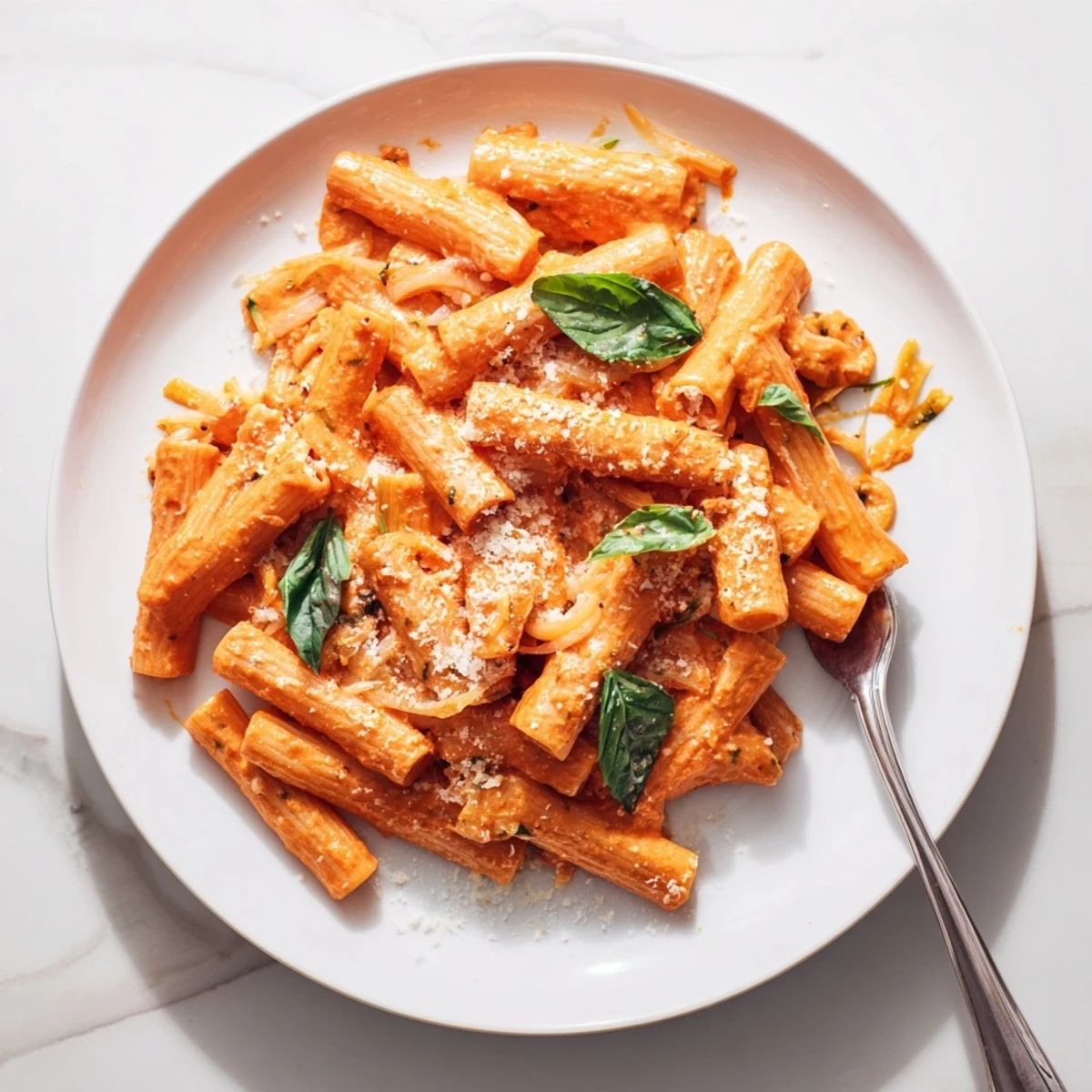 Creamy Tomato Basil Pasta in a white bowl, with penne coated in a rich, velvety red sauce and fresh basil leaves scattered on top.  