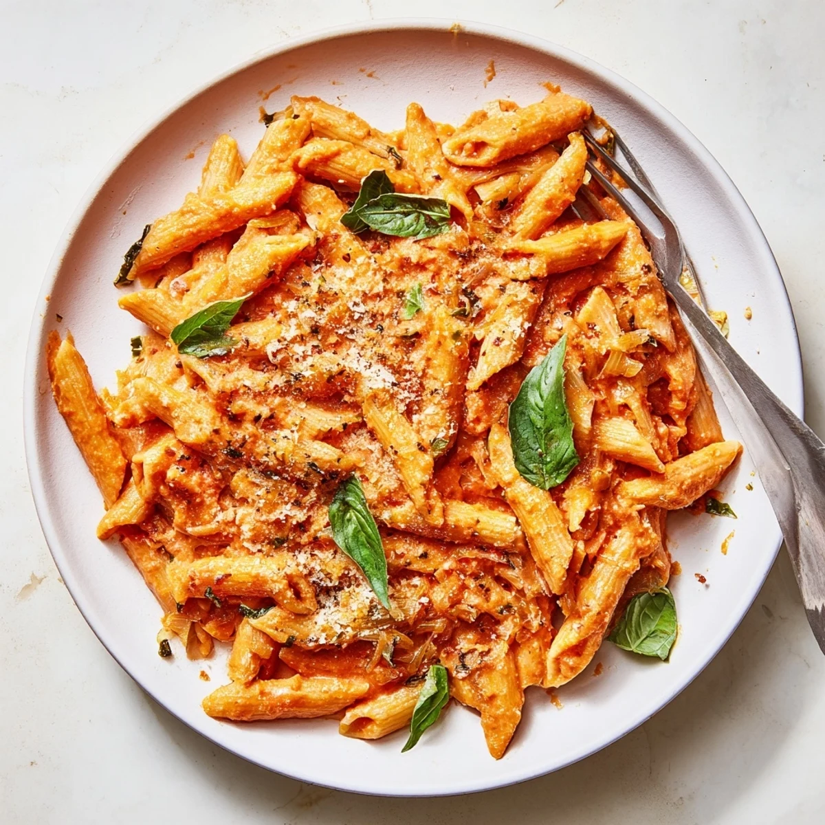 A close-up of Creamy Tomato Basil Pasta, showing steam rising from the saucy noodles topped with grated Parmesan.  