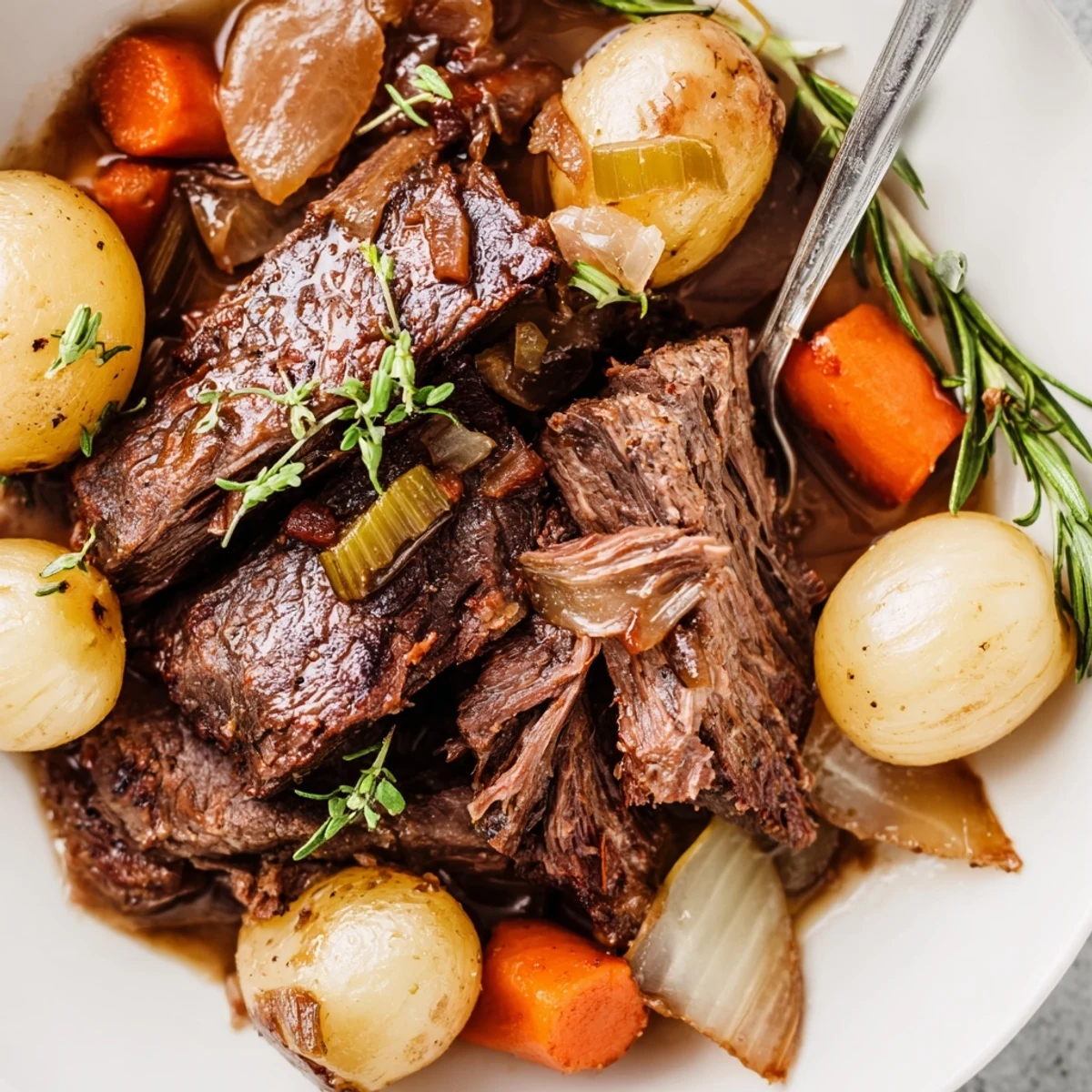 A close-up of tender Slow Cooker Pot Roast with Carrots nestled beside golden baby potatoes and onions, glistening with savory pan juices.