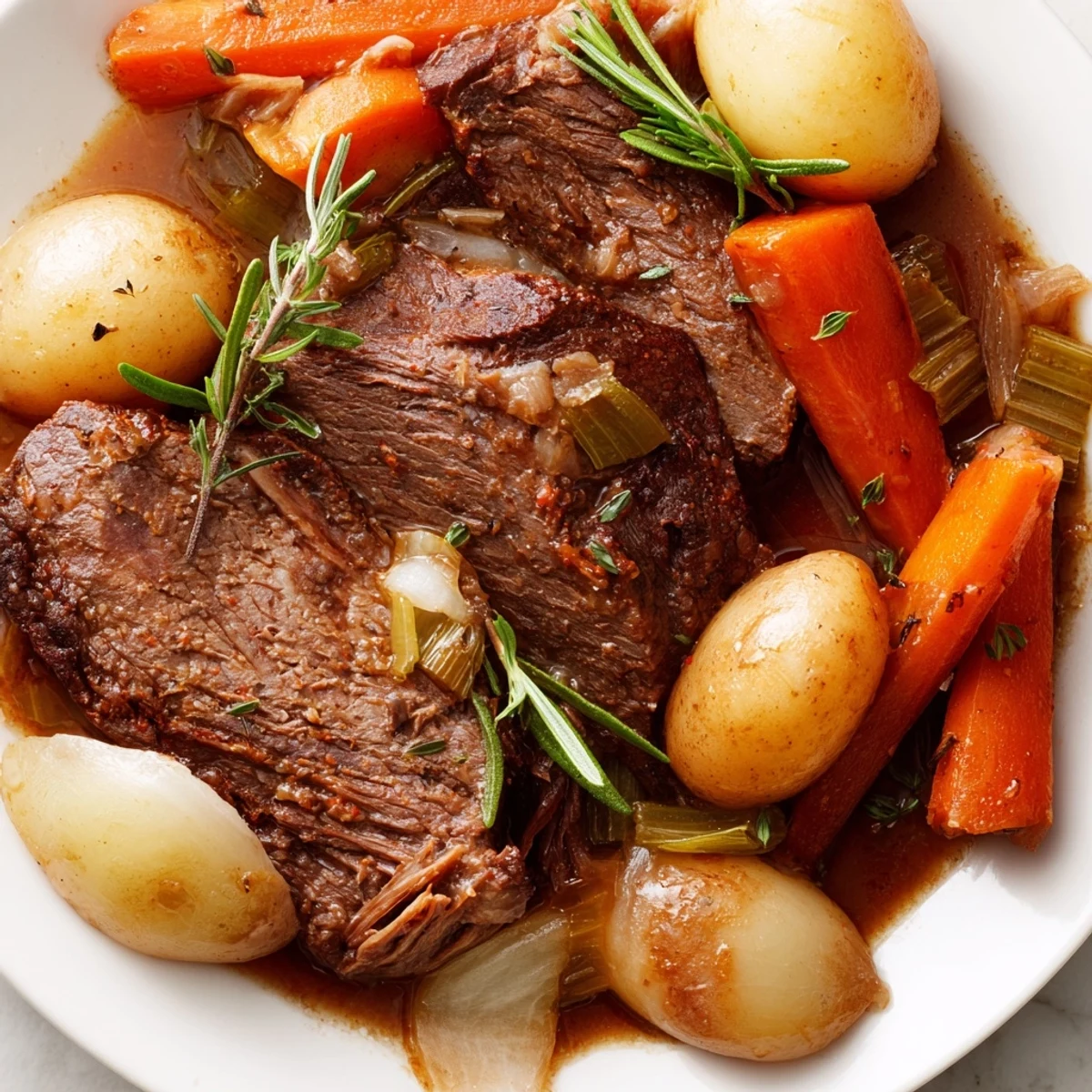Golden-brown Slow Cooker Pot Roast with Carrots and potatoes, carrots, celery, and rosemary in a rustic slow cooker, ready to serve.
