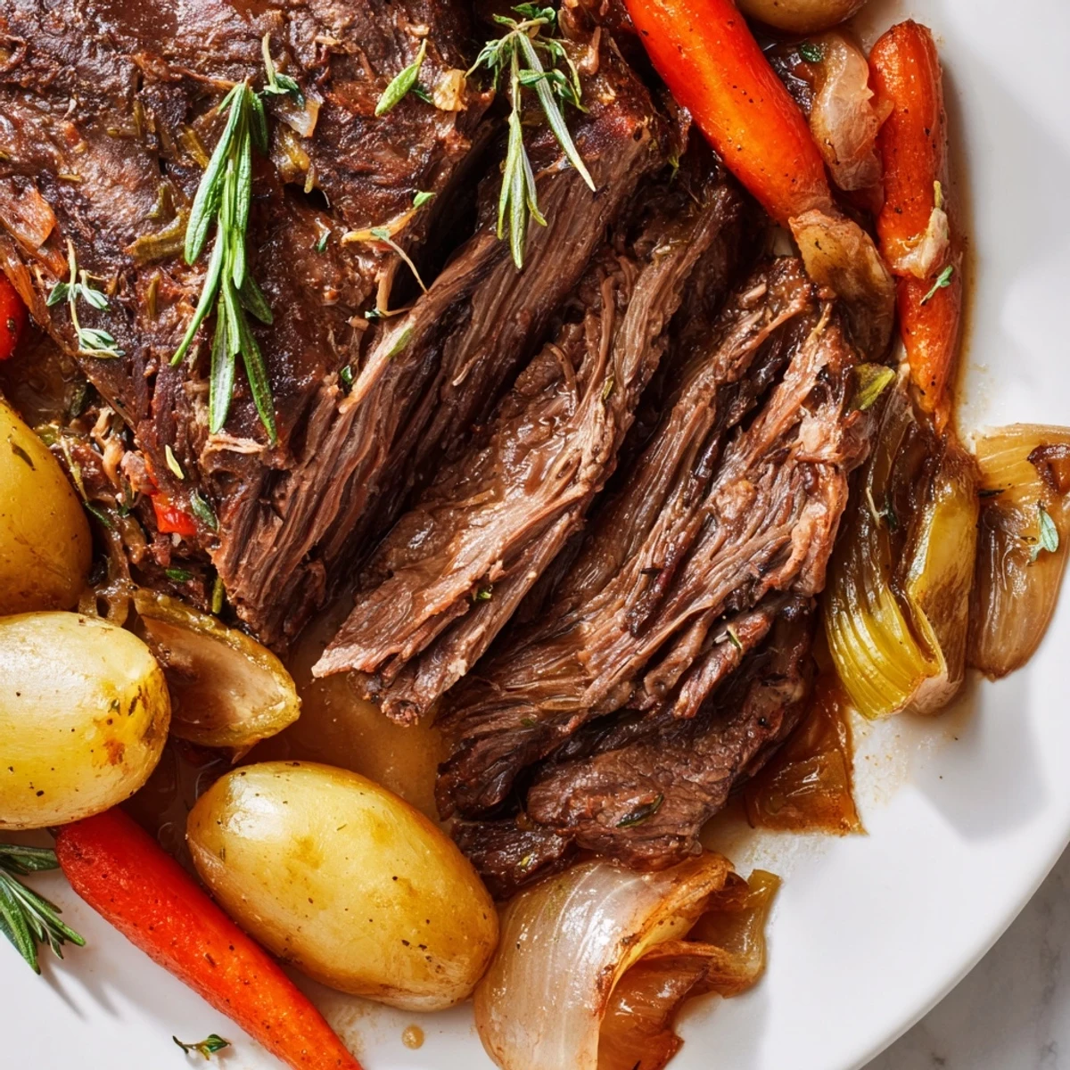 Family-style Slow Cooker Pot Roast with Carrots served on a platter, garnished with fresh thyme and drizzled with rich, flavorful gravy.