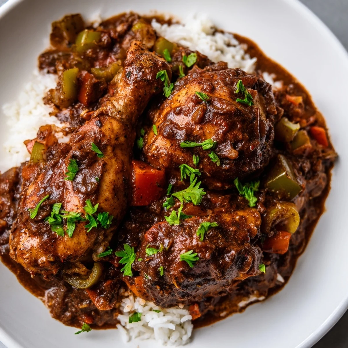 A comforting bowl of Louisiana Style Chicken Fricassee served over fluffy white rice, garnished with fresh parsley.