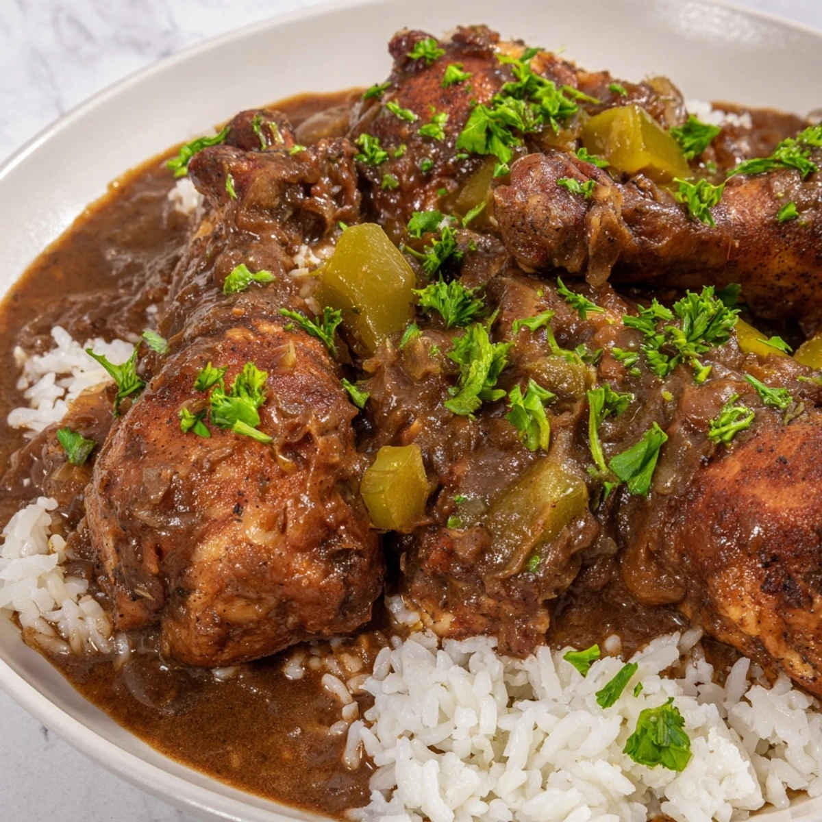 Tender bone-in chicken pieces swimming in a thick, savory Cajun sauce, ready to be served for dinner.