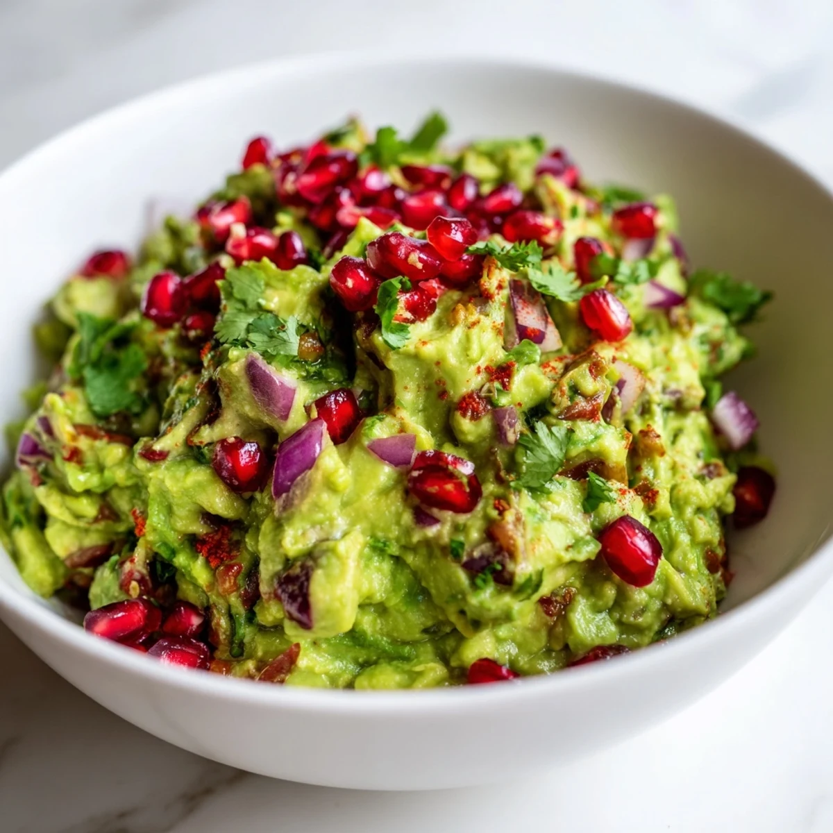 Easy homemade Touchdown Spicy Guacamole garnished with pomegranate seeds, perfect for a vegan and gluten-free appetizer spread.