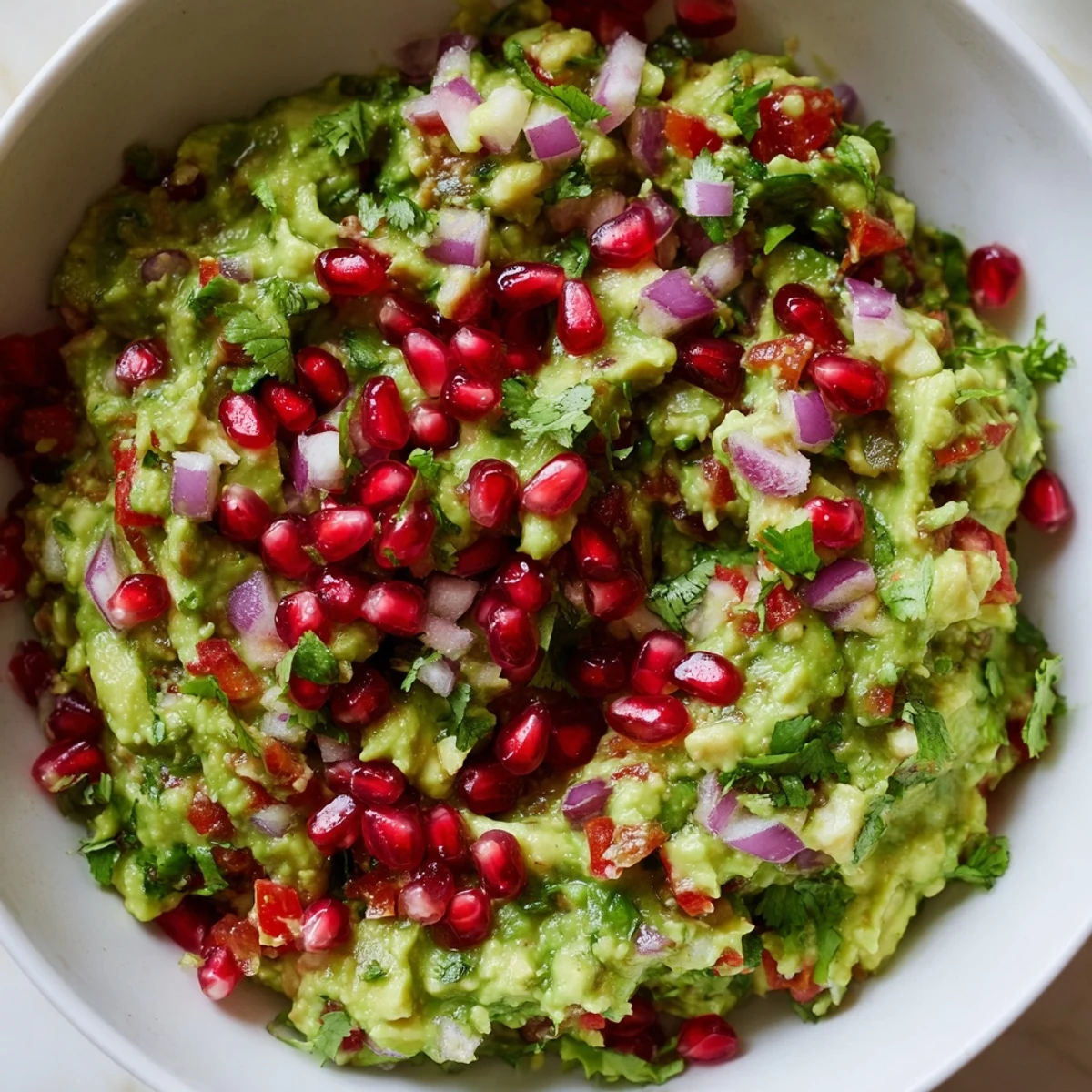 Close-up of Touchdown Spicy Guacamole showing chunky avocado, diced tomatoes, and fresh cilantro in a rustic serving bowl.