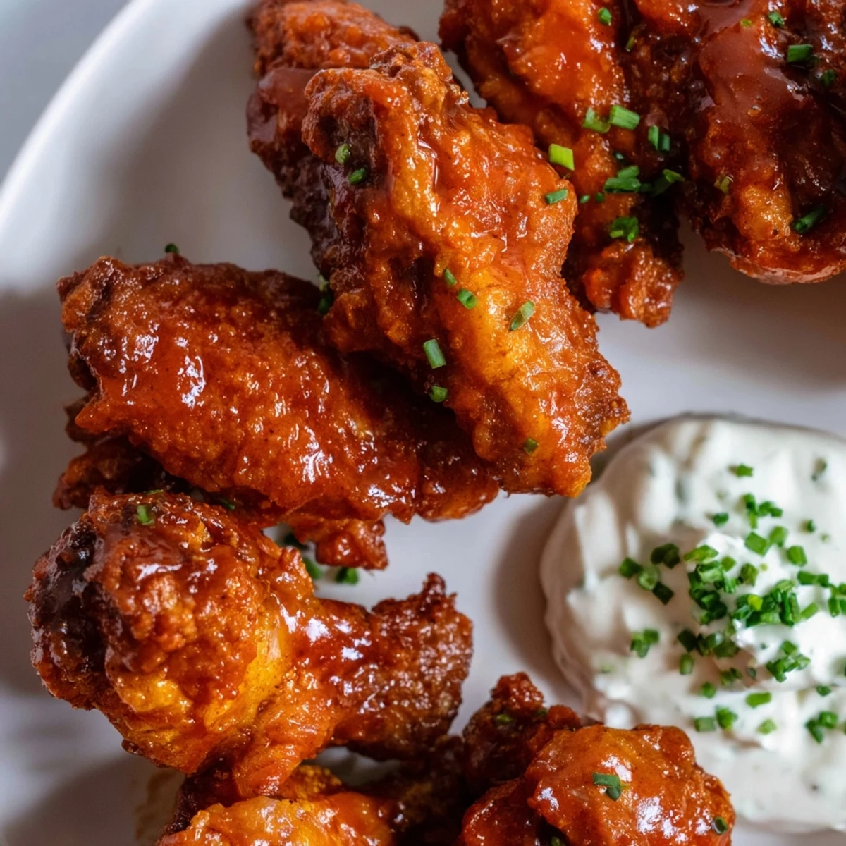 Crispy baked Championship Chicken Wings glistening with tangy red sauce and a bowl of creamy homemade ranch dip for dipping.