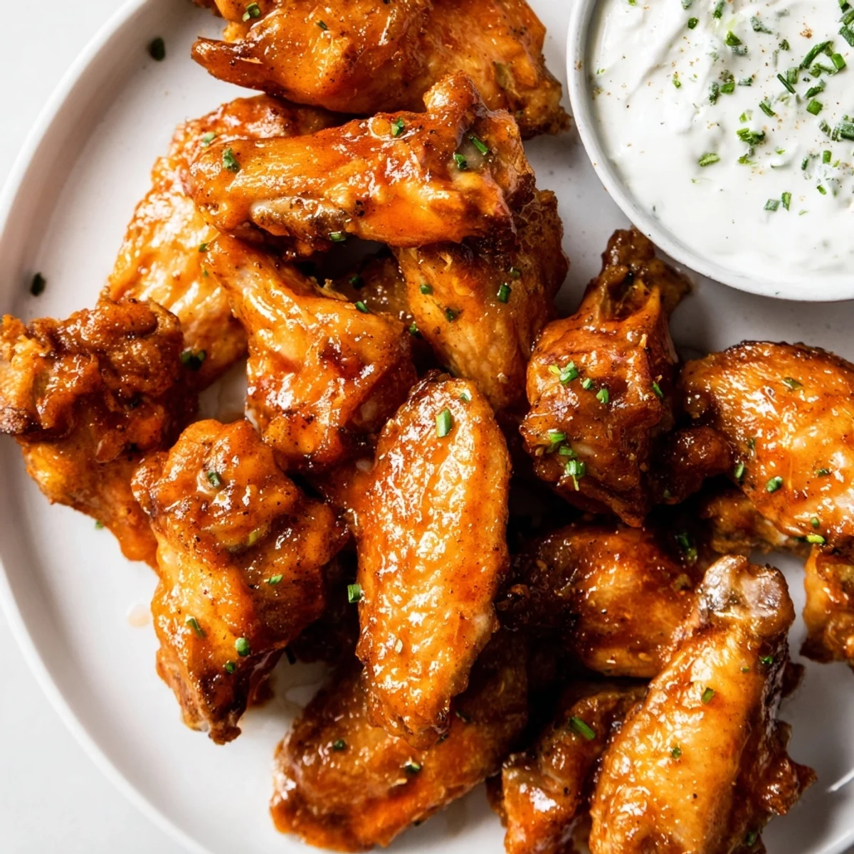 Freshly tossed Championship Chicken Wings with a spicy glaze, paired with a chilled ranch dip and carrot sticks for a party appetizer.