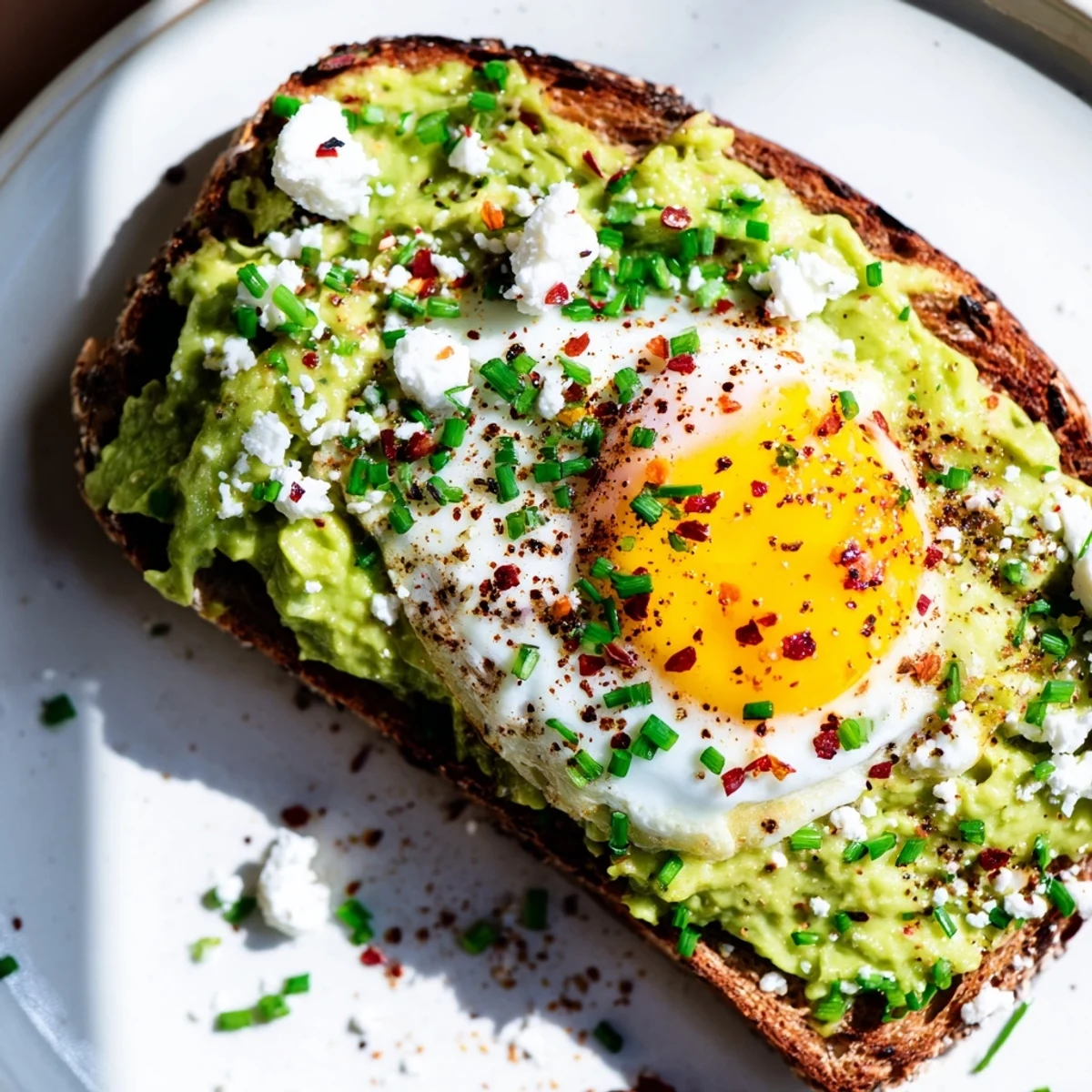 Golden-brown toasted bread layered with creamy green avocado mash, topped with a runny-yolk egg and fresh chives.