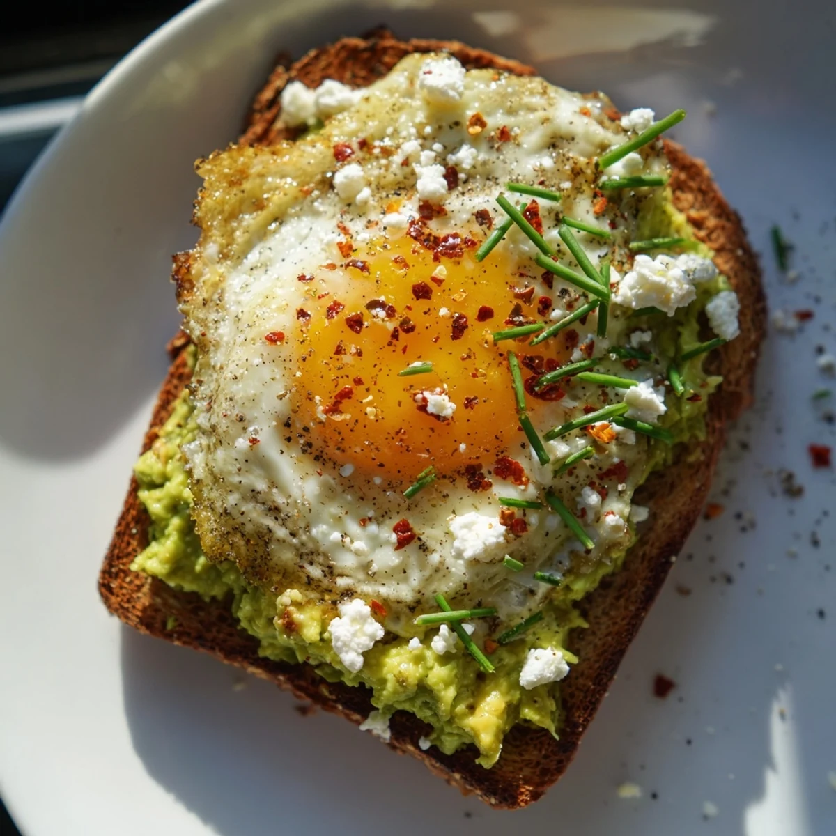 Topped Green Avocado Toast with Egg garnished with crumbled feta and red pepper flakes for a vibrant breakfast.