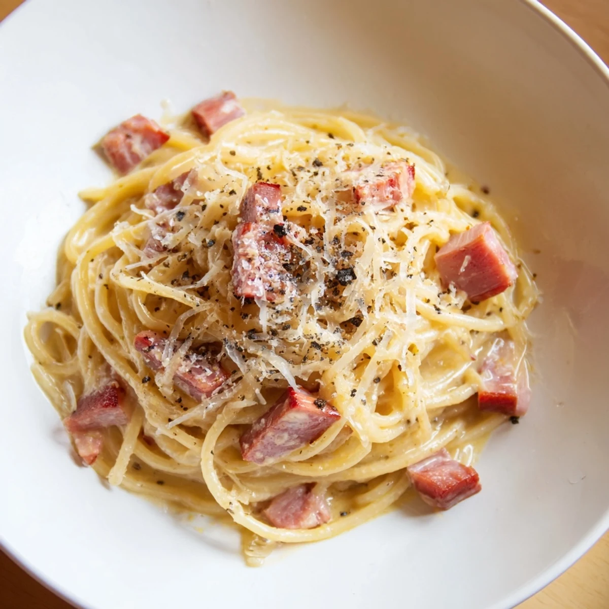 Creamy Romantic Pasta Carbonara with Beef Bacon, served on warm plates with a garnish of fresh parsley and extra Parmesan.