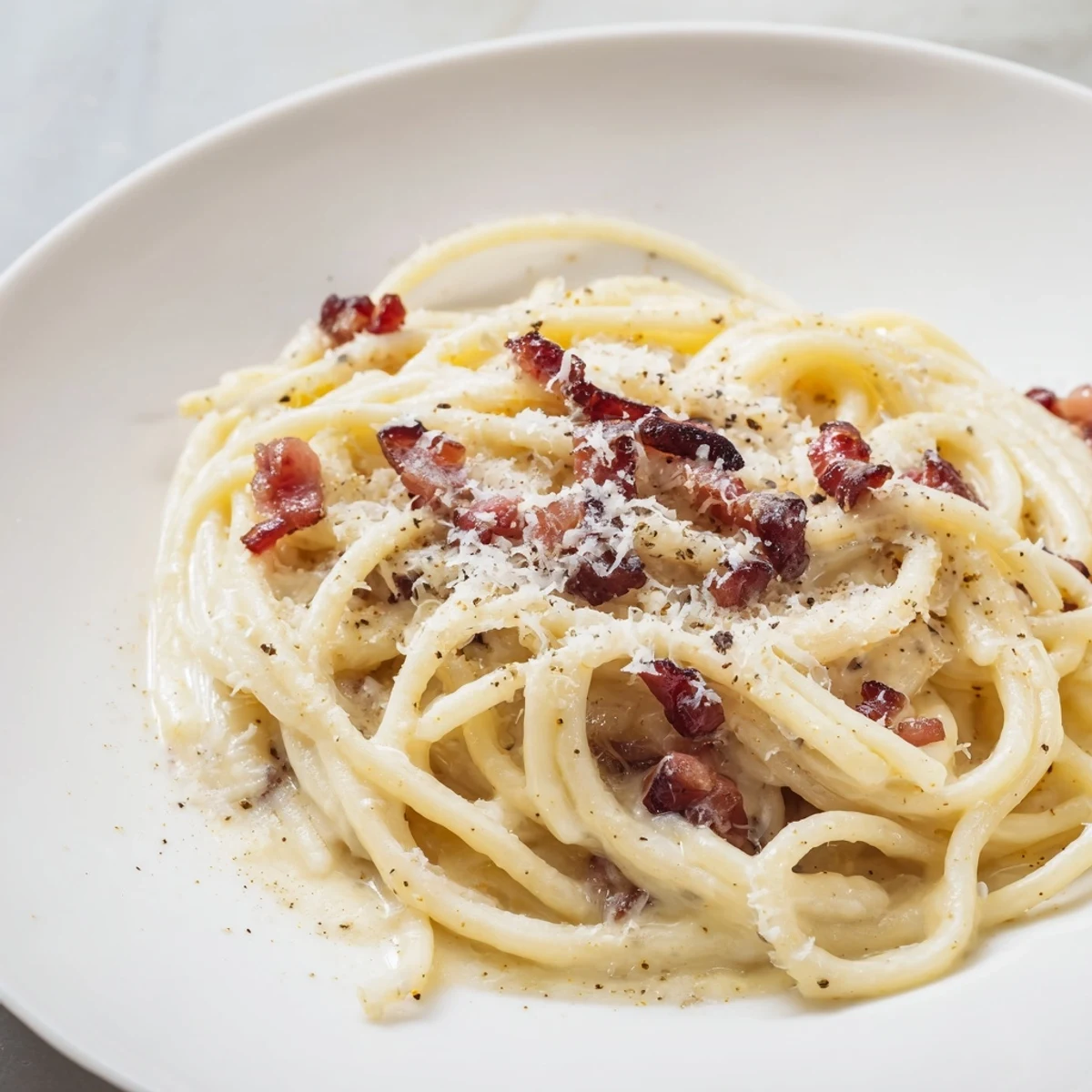 Silky egg sauce coats spaghetti in this Romantic Pasta Carbonara, featuring crispy beef bacon and freshly ground black pepper.
