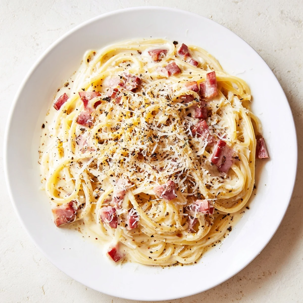 A romantic date night plate of Romantic Pasta Carbonara with beef bacon, invitingly steamy and finished with grated Parmesan.