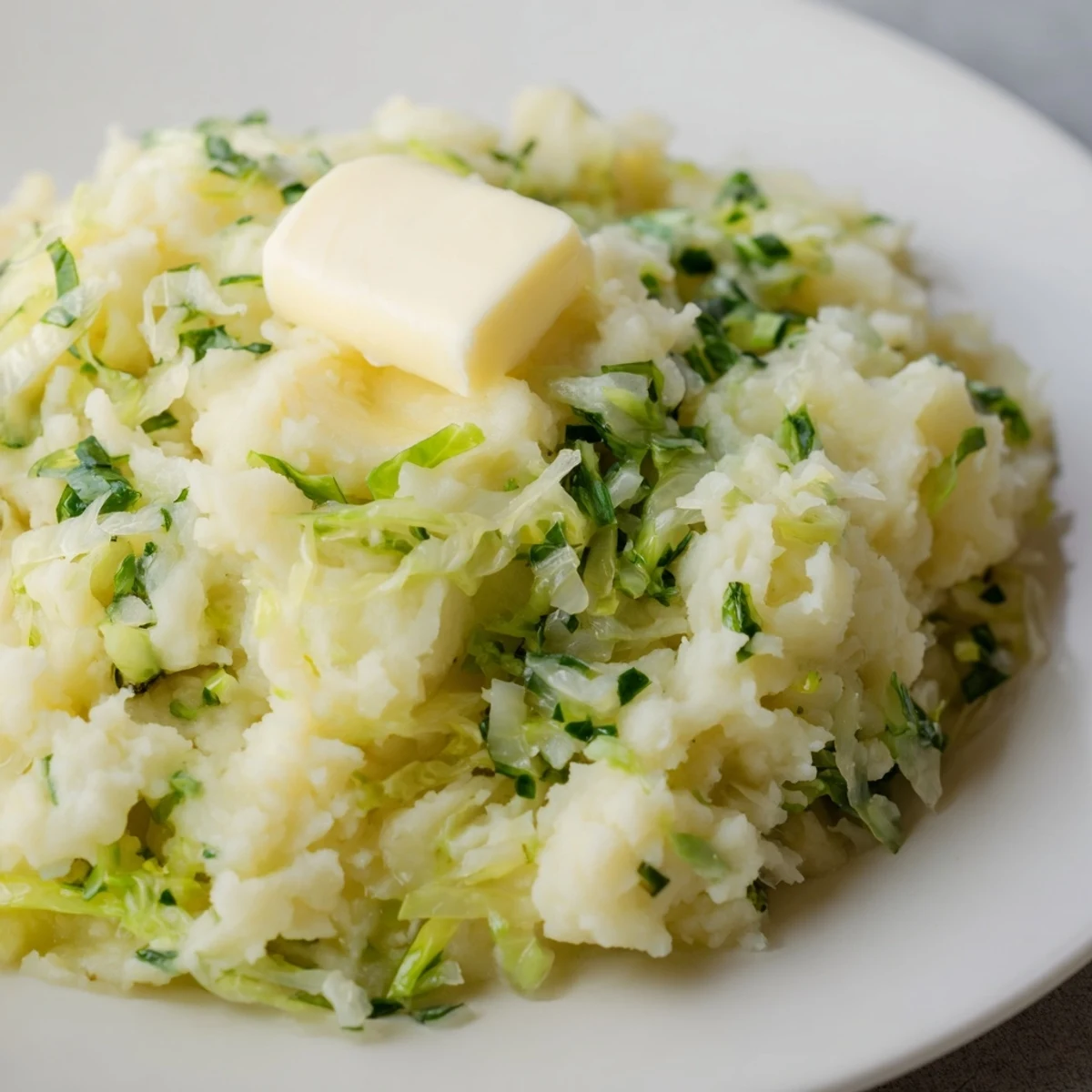 Creamy Irish Cabbage and Potato Mash with melted butter, tender shredded greens, and fresh scallions.