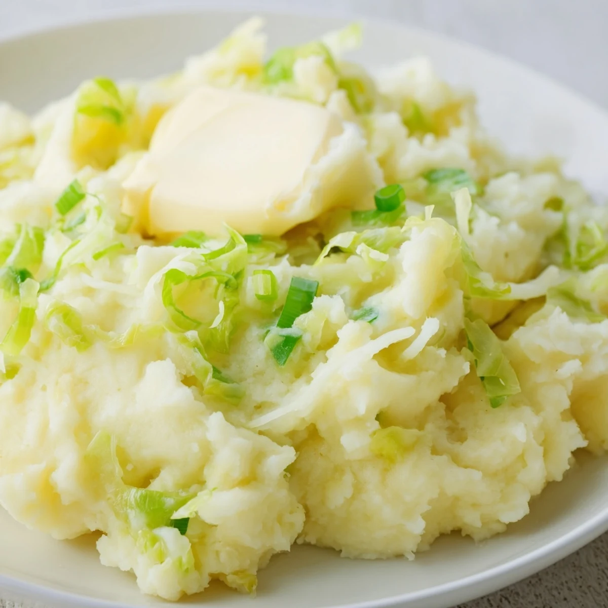 Fluffy Irish Cabbage and Potato Mash in a rustic bowl, steaming beside sausages for a comforting meal.
