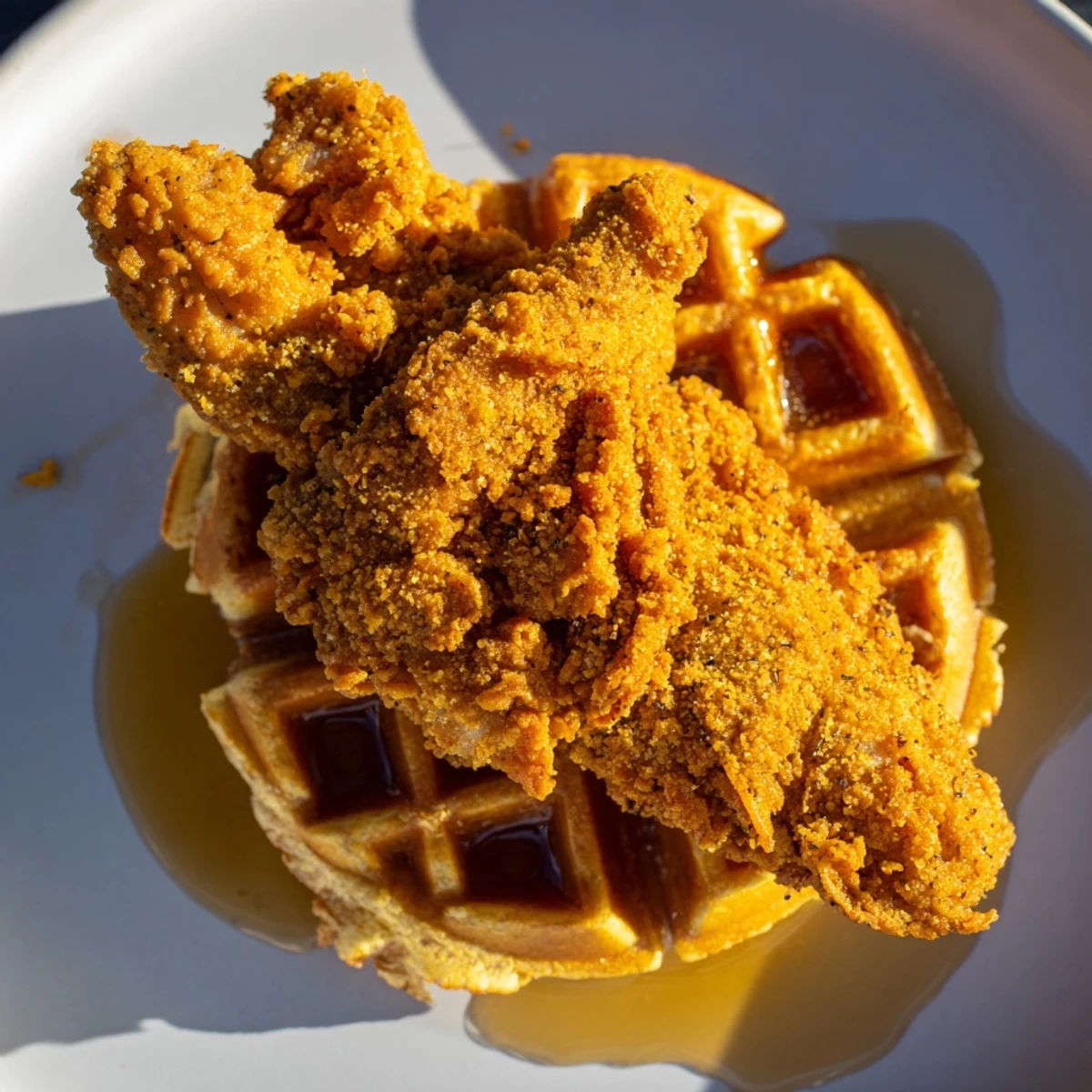 Golden-brown Cajun chicken and waffles sit on a plate, the waffle grid crisp and the chicken coated in a spicy, golden crust.