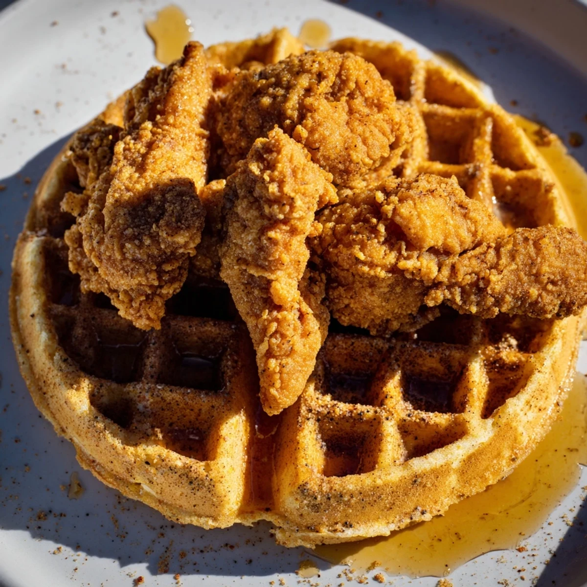 A close-up of fluffy buttermilk waffles topped with fried Cajun chicken thighs, drizzled with warm maple syrup and sprinkled with fresh chives.