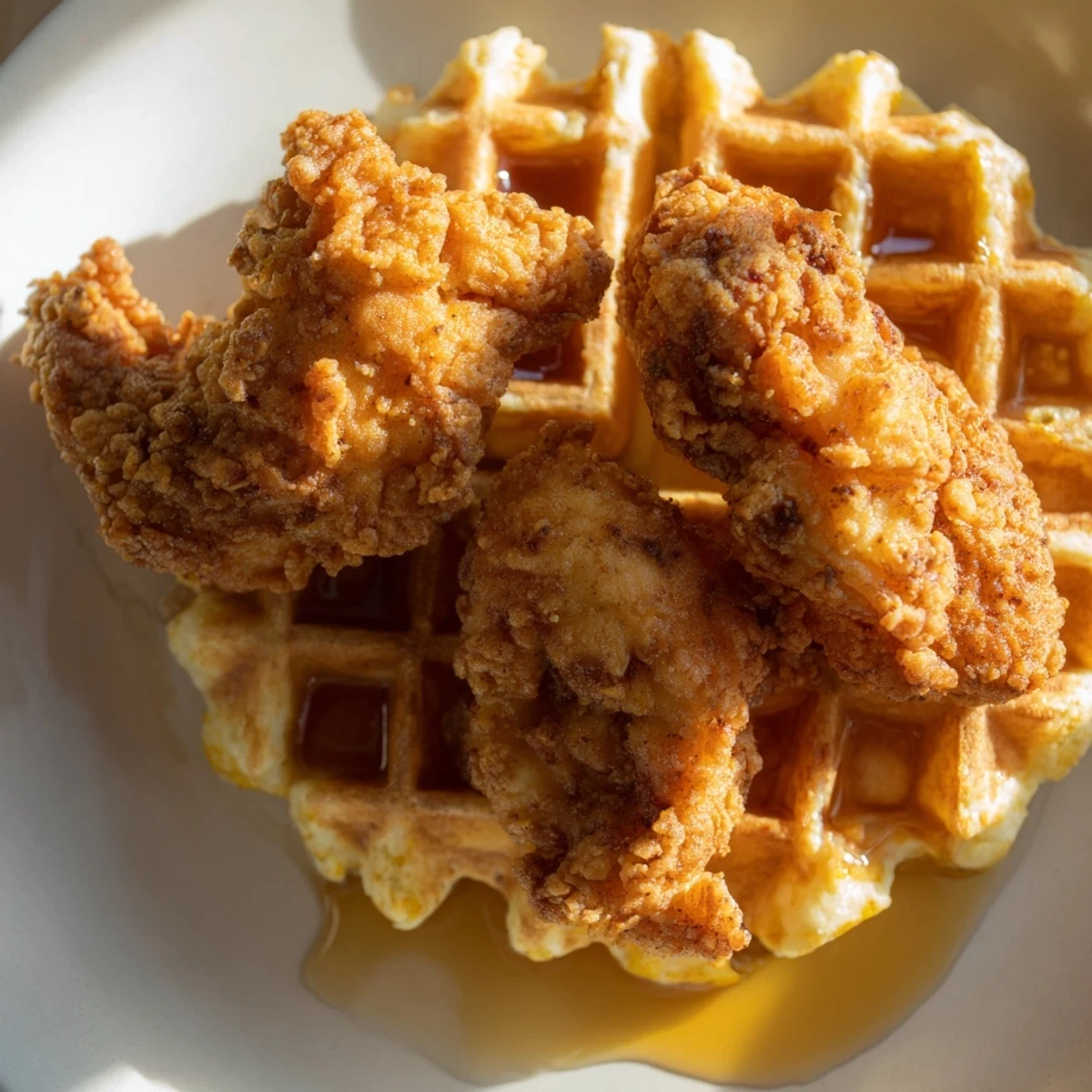 Savory Cajun chicken and waffles served on a checkered tablecloth, highlighting a Southern comfort food lunch with a side of coleslaw.