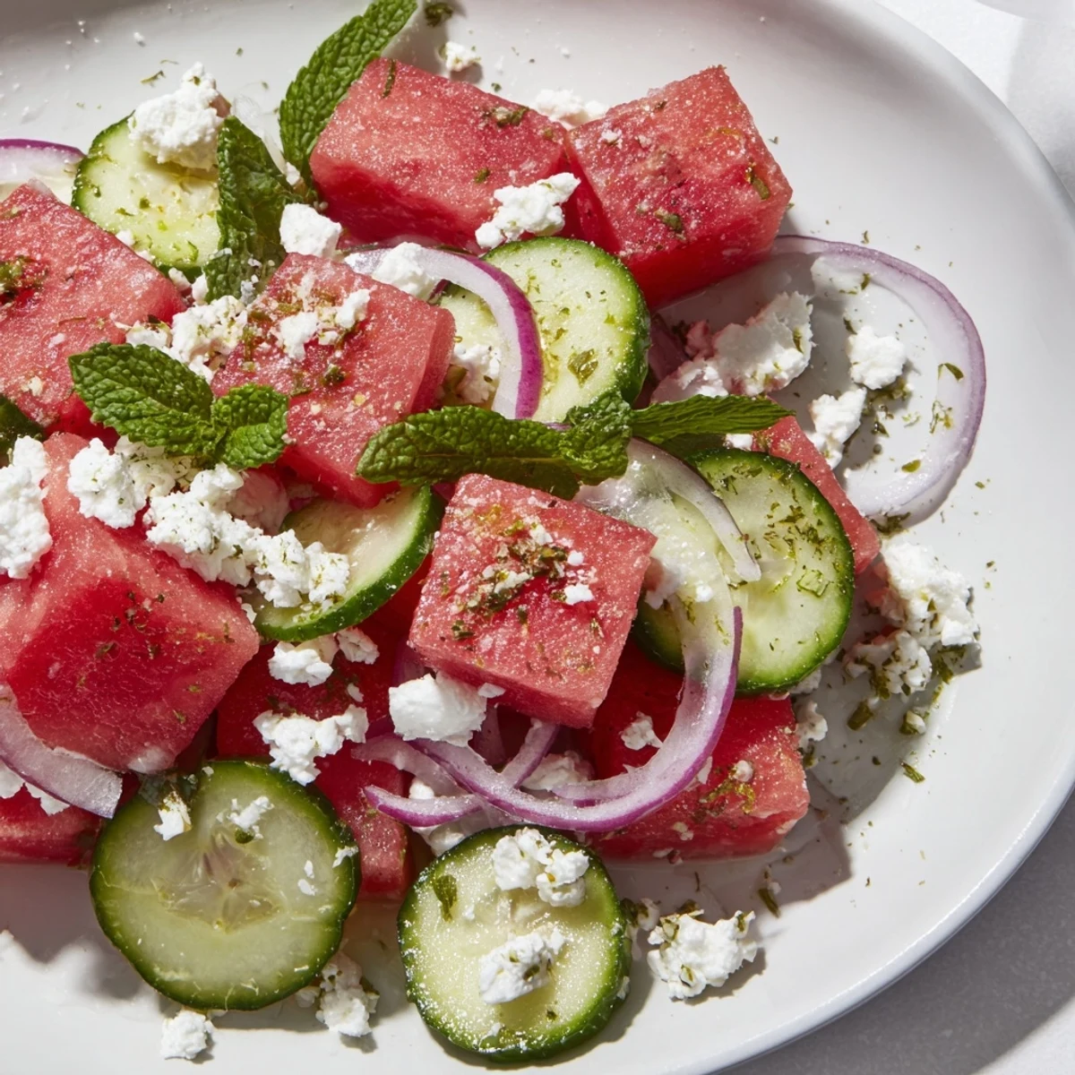 Pink Watermelon Salad with Feta in a white bowl, featuring juicy watermelon cubes, crisp cucumber, and fresh mint leaves on a rustic wooden table.  