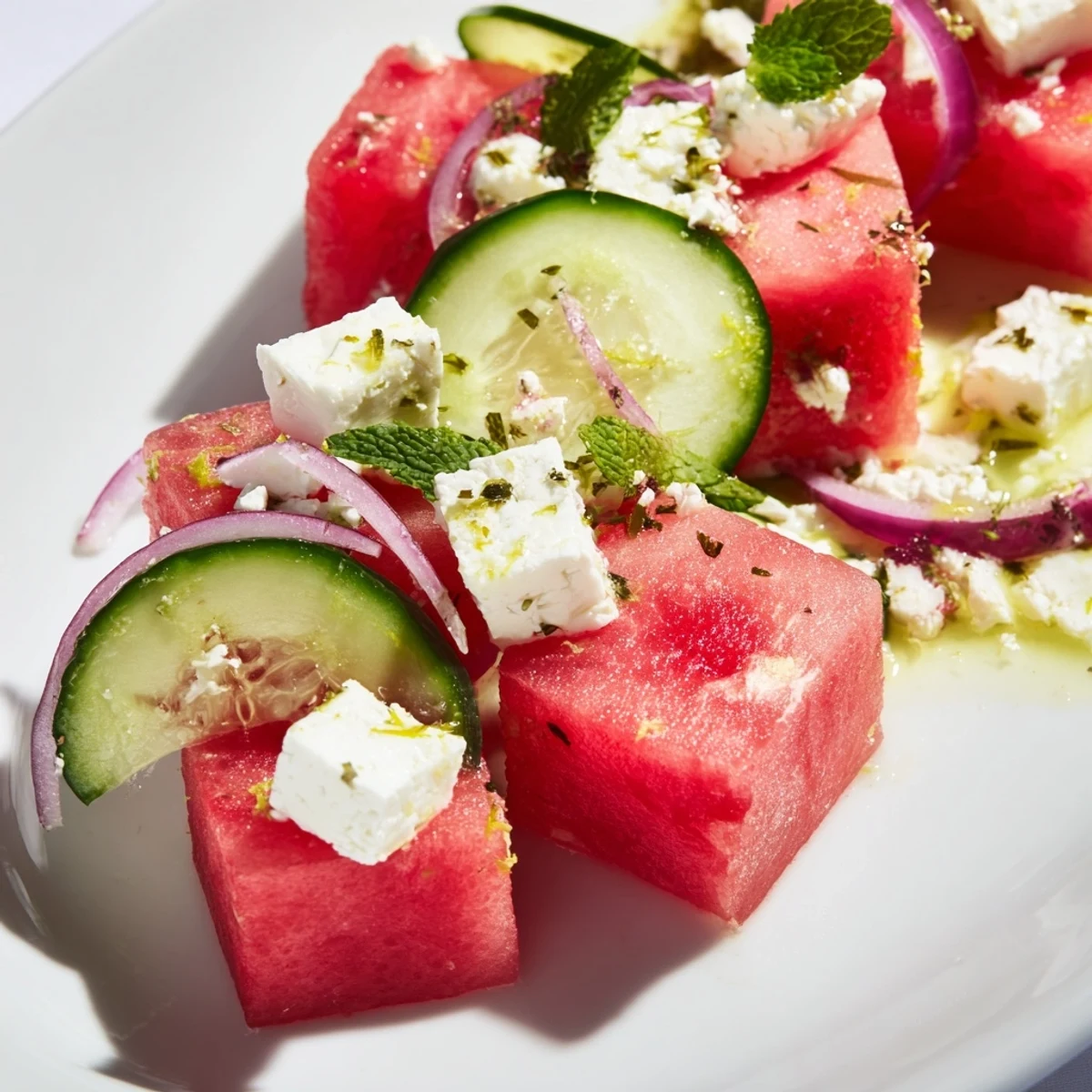 Vibrant Mediterranean-style Pink Watermelon Salad with Feta, garnished with fresh mint and thinly sliced red onion, served chilled.