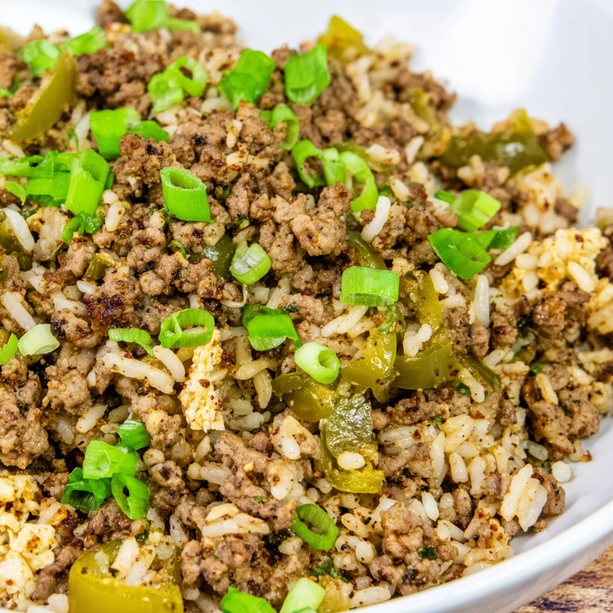 Steaming bowl of Mardi Gras Dirty Rice with Beef, topped with fresh parsley and green onions.