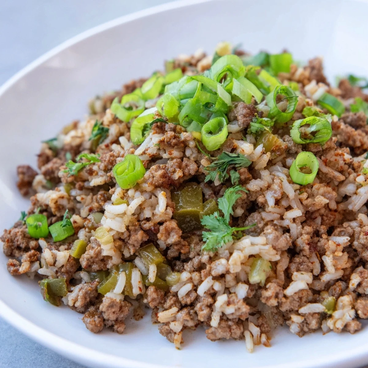 Spicy Mardi Gras Dirty Rice with Beef and vegetables, garnished with green onions on a plate.