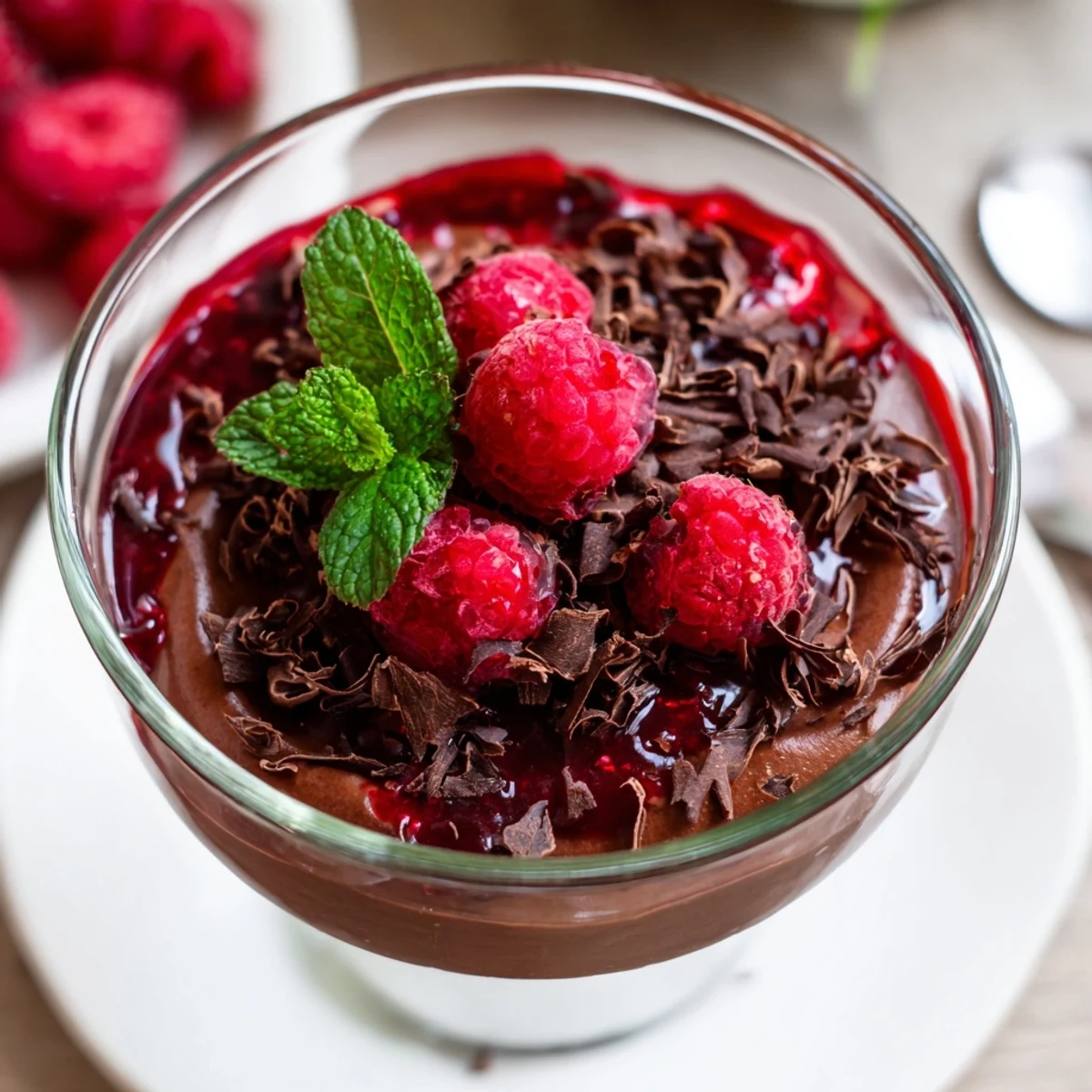 Close-up of Chocolate Mousse with Raspberry Coulis, featuring rich chocolate texture and a fresh raspberry garnish.