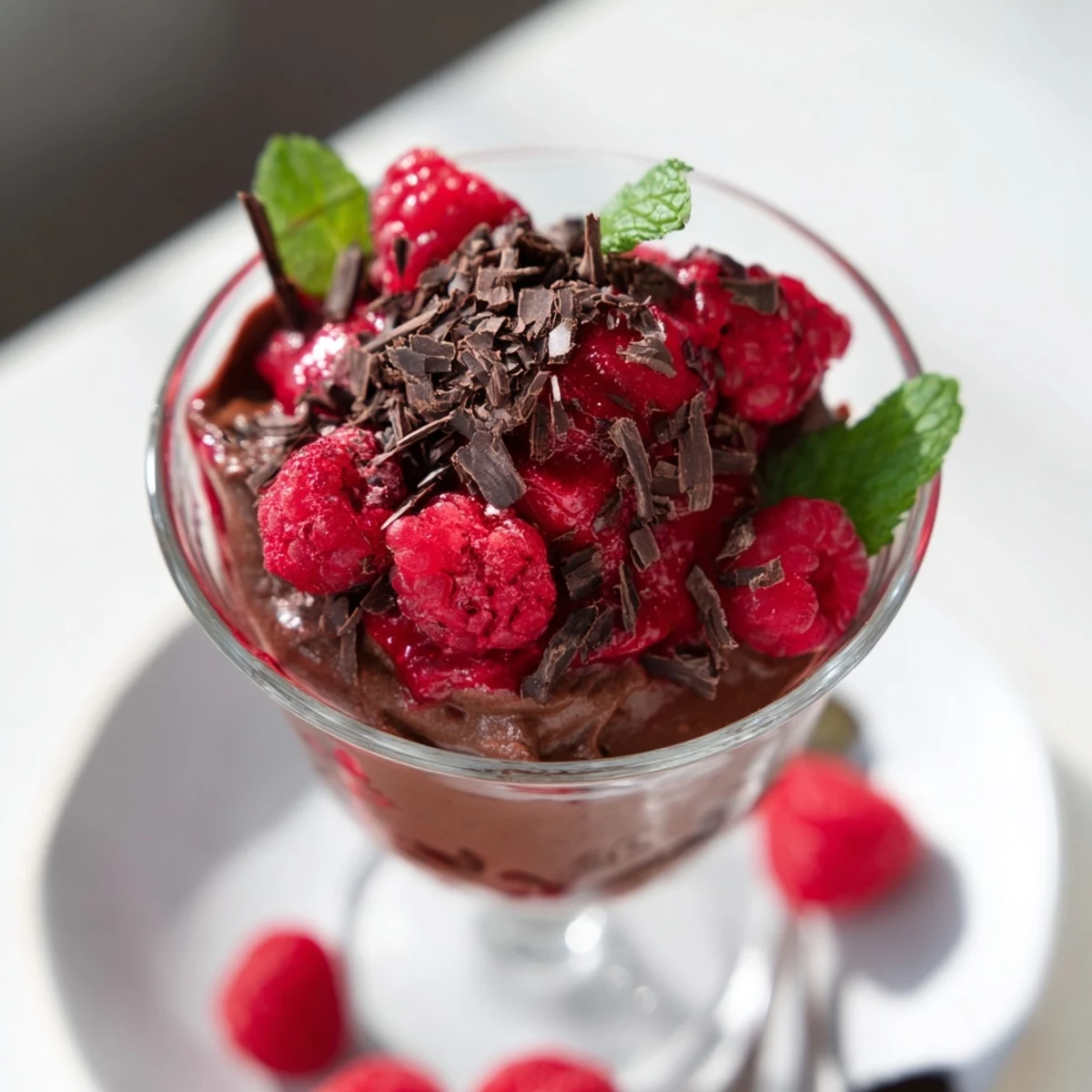 A clear top view of Chocolate Mousse with Raspberry Coulis in a glass, showing airy chocolate and glossy red sauce.