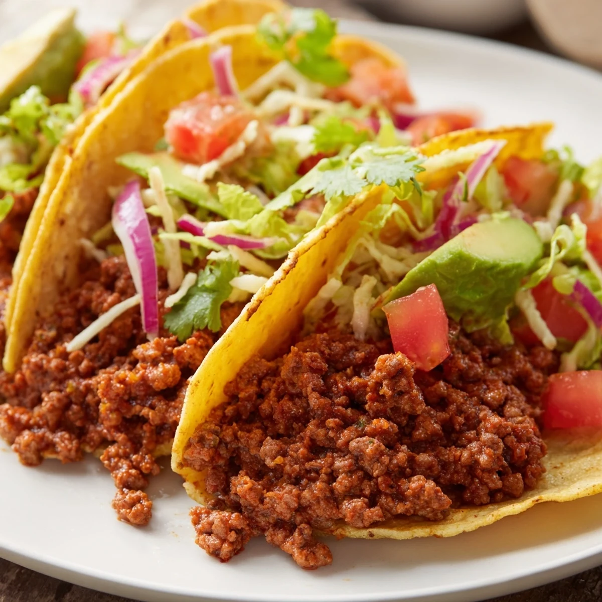 Golden warm tortillas are filled with flavorful ground beef from this Beef Tacos with Homemade Seasoning recipe, topped with melted cheese and fresh cilantro.