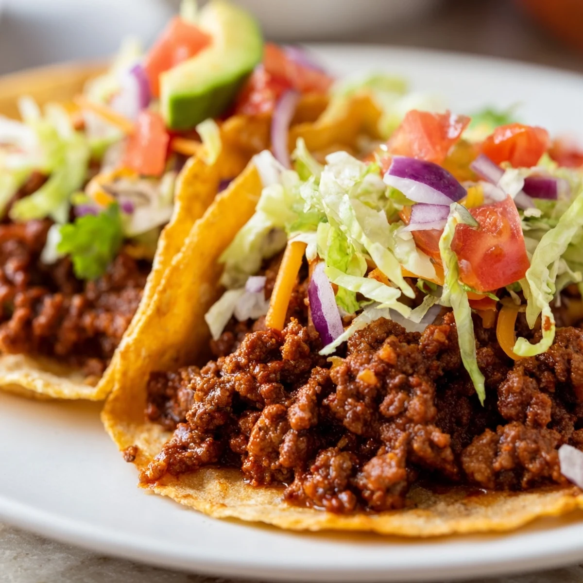 Juicy homemade Beef Tacos with Homemade Seasoning are loaded with spiced ground beef, shredded lettuce, and diced tomatoes in warm tortillas.