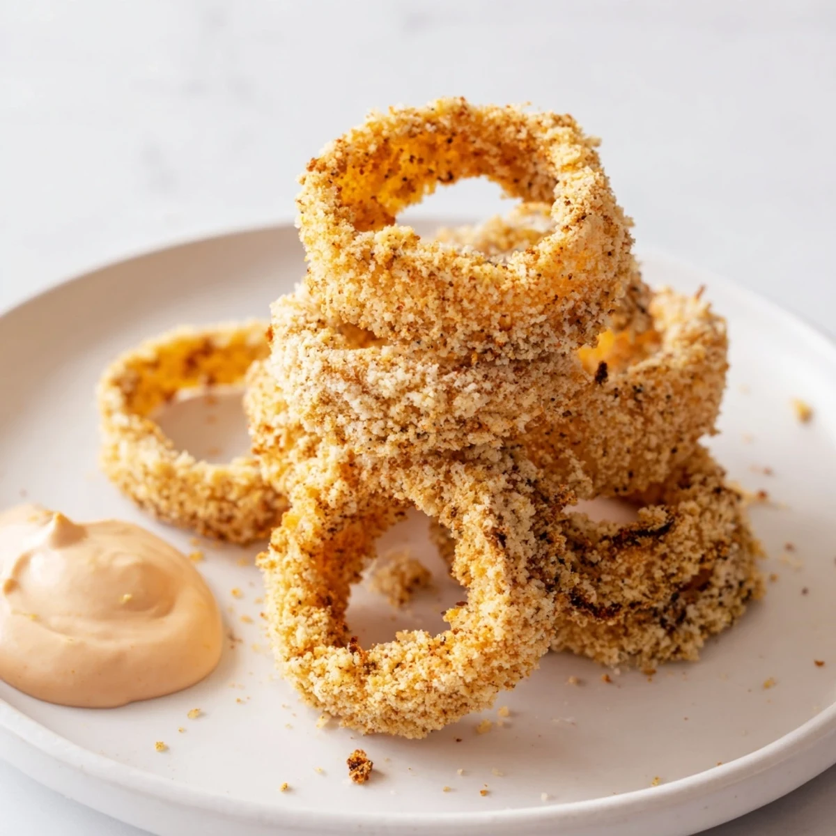 Crispy Air Fryer Onion Rings with Spicy Mayo are stacked high, golden brown and steaming beside a creamy dipping sauce.