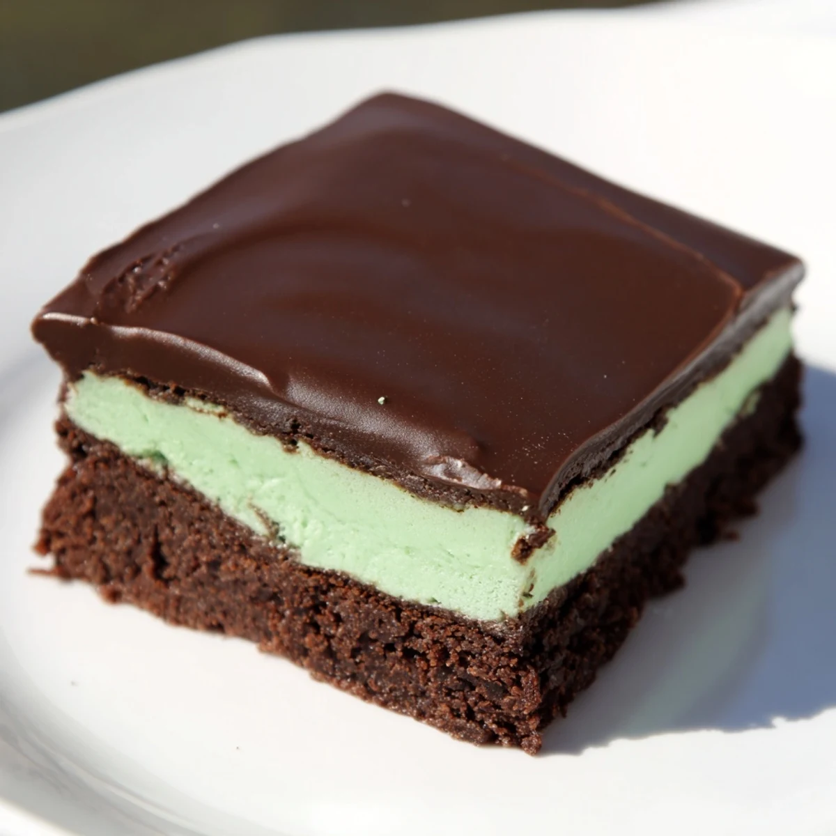 Frosted Shamrock Mint Brownies with Chocolate Ganache topped with glossy ganache, served on a white plate with green mint swirls.