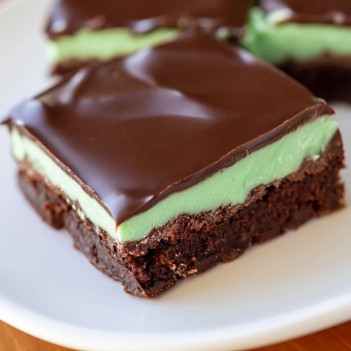 Square-cut Shamrock Mint Brownies with Chocolate Ganache stacked on parchment, revealing fudgy layers and smooth green mint cream.