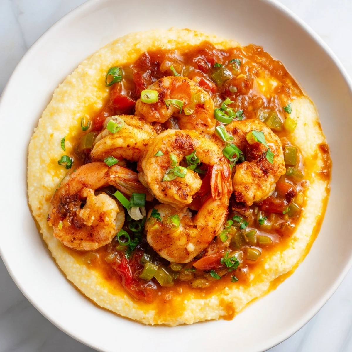 Creamy cheddar grits topped with Creole shrimp and rich tomato gravy, served in a warm bowl.