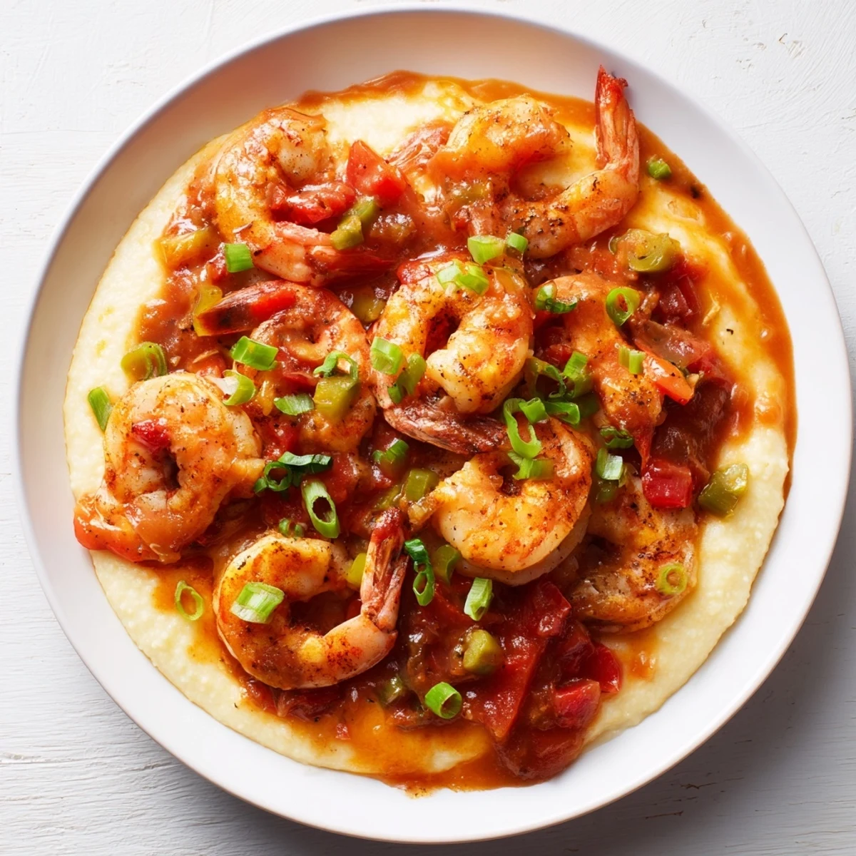 Southern comfort food Creole Shrimp and Grits with sautéed shrimp and fresh parsley garnish.