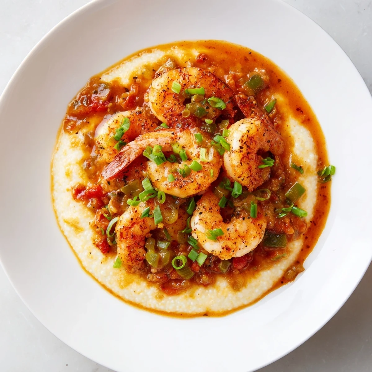 A spoon lifts a savory bite of Creole Shrimp and Grits, dripping with tomato gravy.