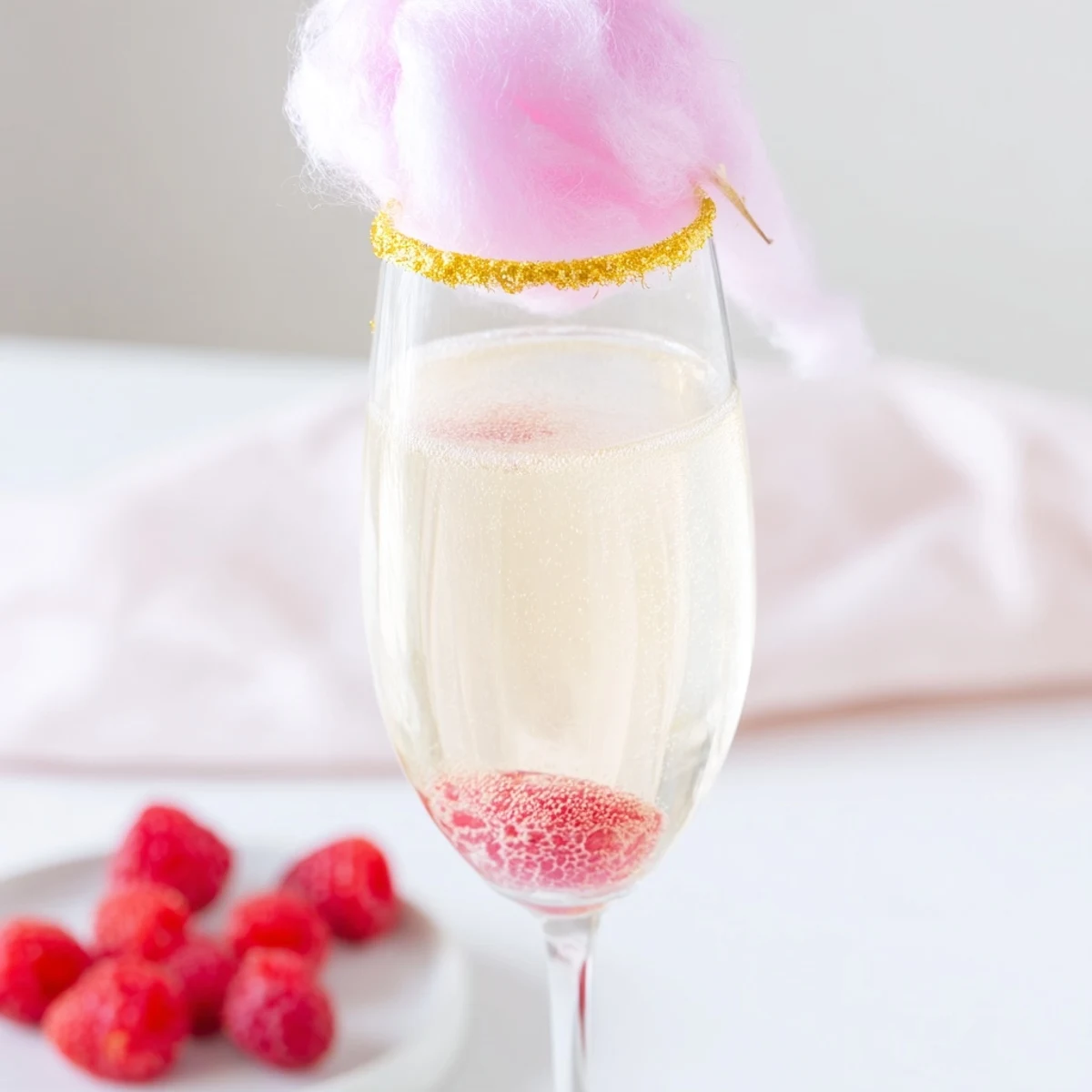 A chilled pink champagne mocktail served in a flute, topped with fluffy pink cotton candy and fresh raspberries.
