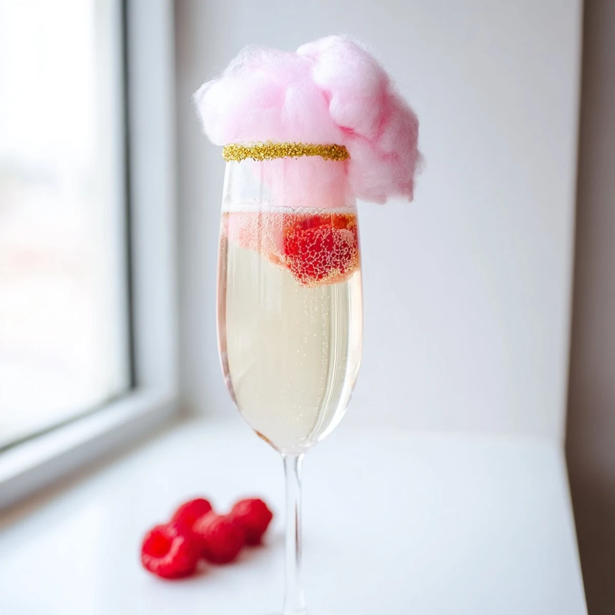 Brightly sparkling pink champagne mocktail garnished with cotton candy and edible glitter on a festive party table.